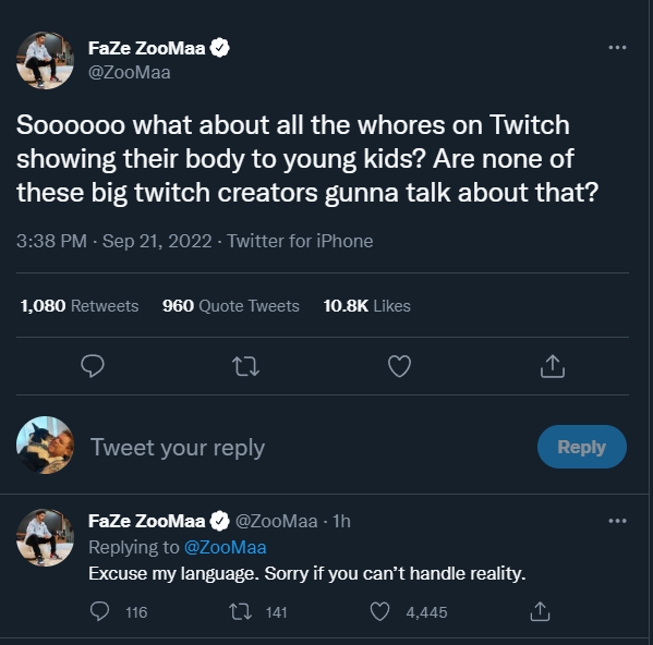 This Is Gross Faze S Zoomaa Gets Called Out For Ridiculously Misogynistic Twitch Tweet Dot Esports