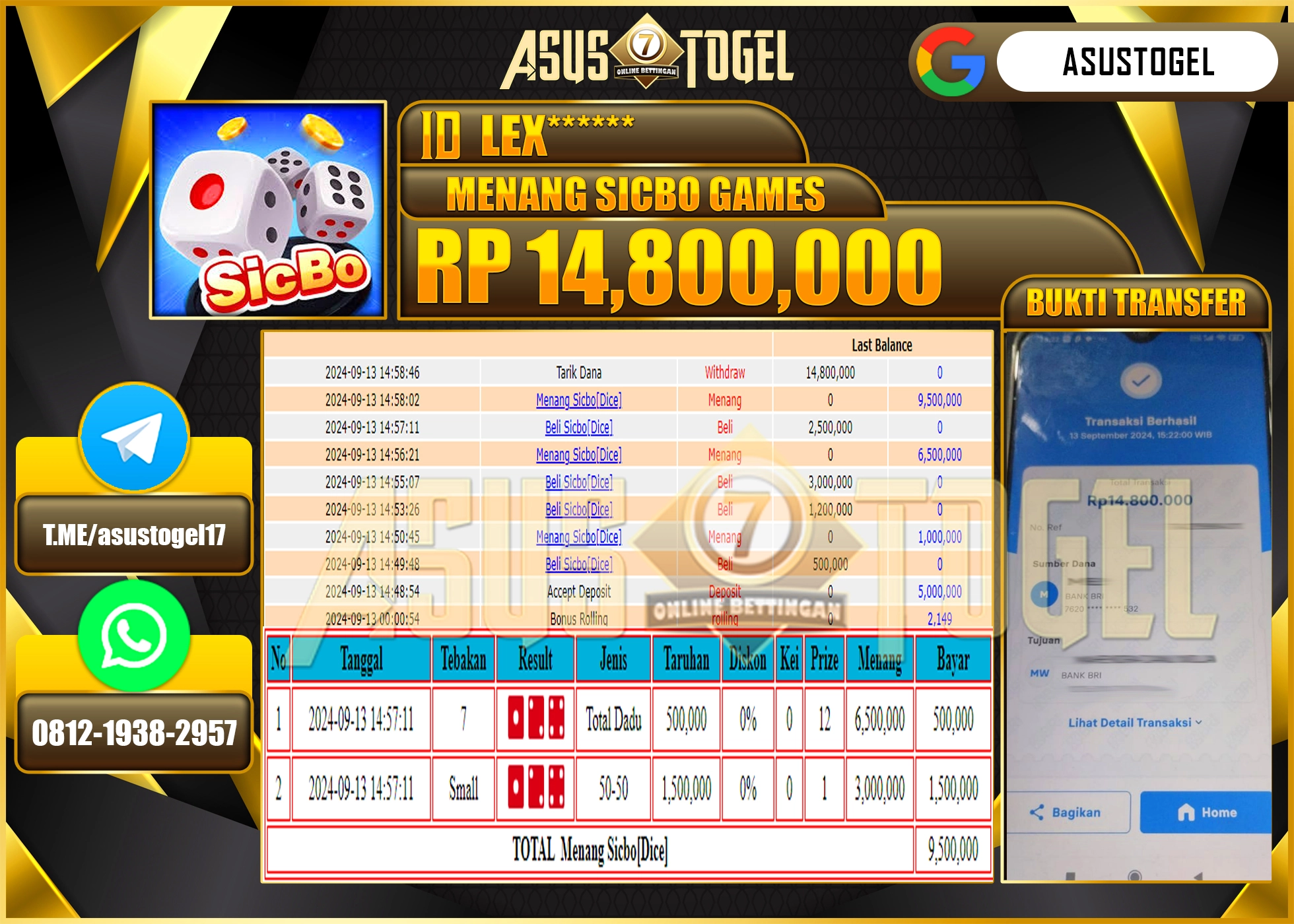 ASUSTOGEL  KEMENANGAN ATAS  DI MENANG SICBO GAMES   14,800,000- RUPIAH LUNAS