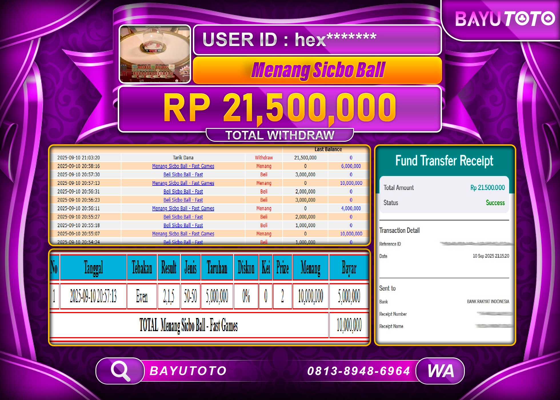 BAYUTOTO JACKPOT DI GAME LIVE GAMES MEGA SICCBO BALL  Rp.21.500.000LUNAS