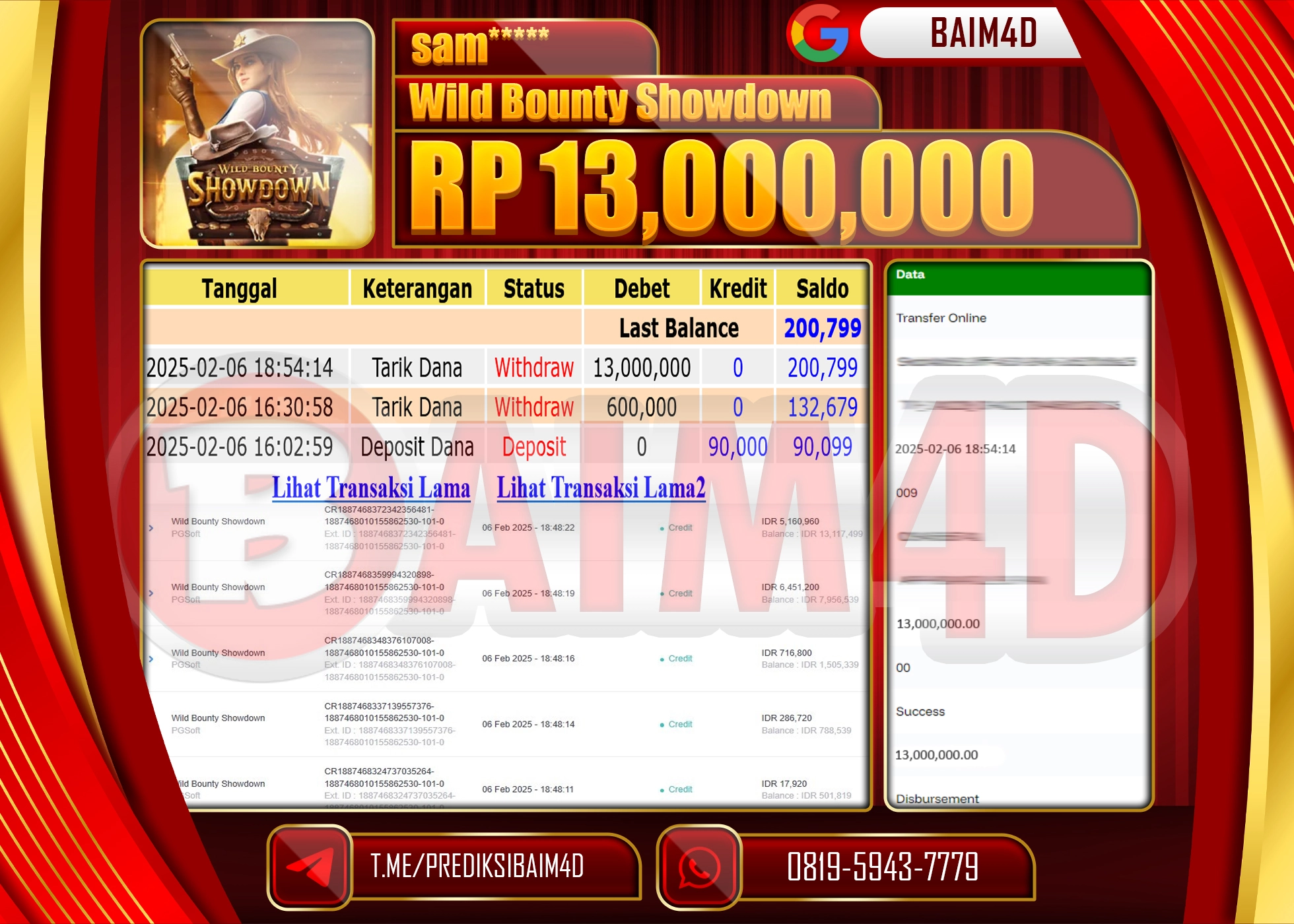 BAIM4D JACKPOT WILD BOUNTY SHOWDOWN Rp.13.000,000.- LUNAS