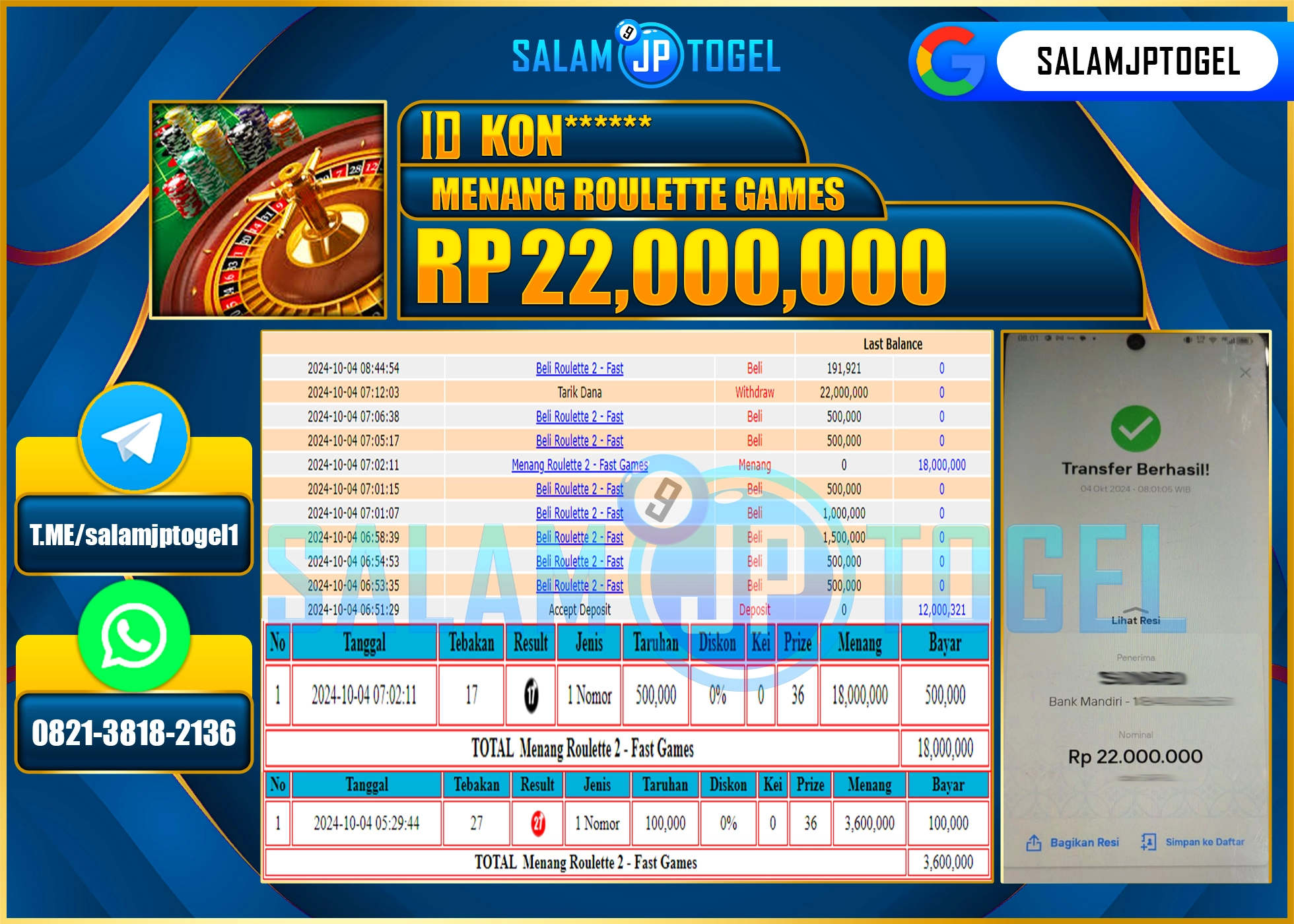 SALAMJPTOGEL MENANG LIVEGAMES 24D Spin RP. 22,000,000 LUNAS