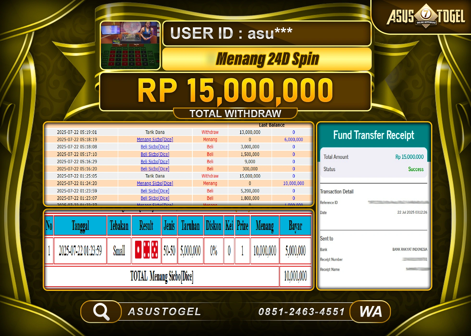 ASUSTOGEL KEMENANGAN DI LIVEGAME 24D SPIN GAMES SEBESAR 15,000,000- RUPIAH LUNAS
