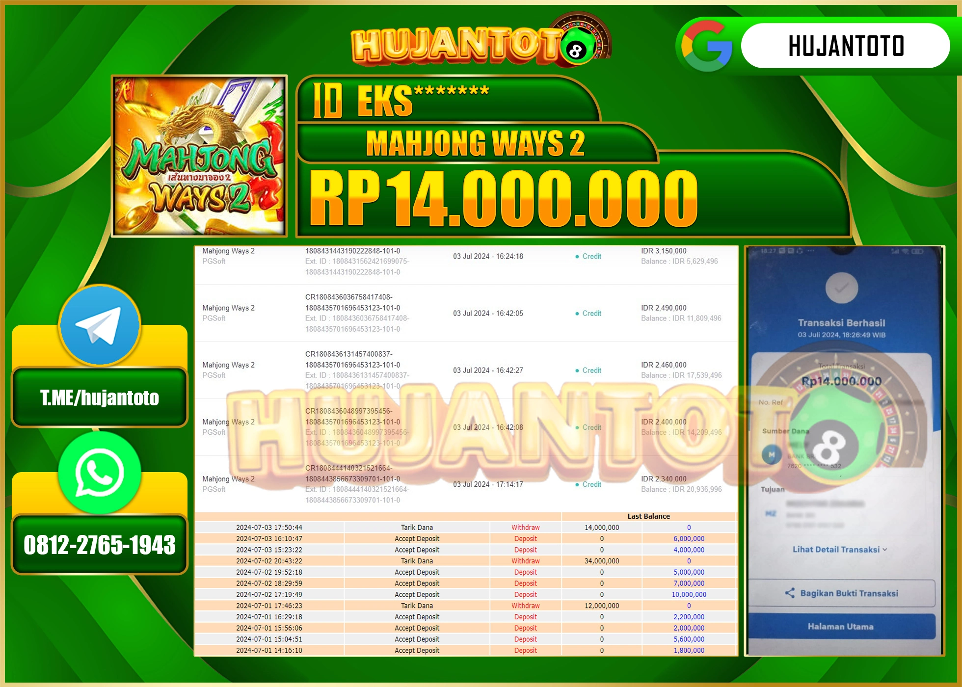 HUJANTOTO MENANG SLOT MAHJONG WAYS 2 14,000,000 - LUNAS 