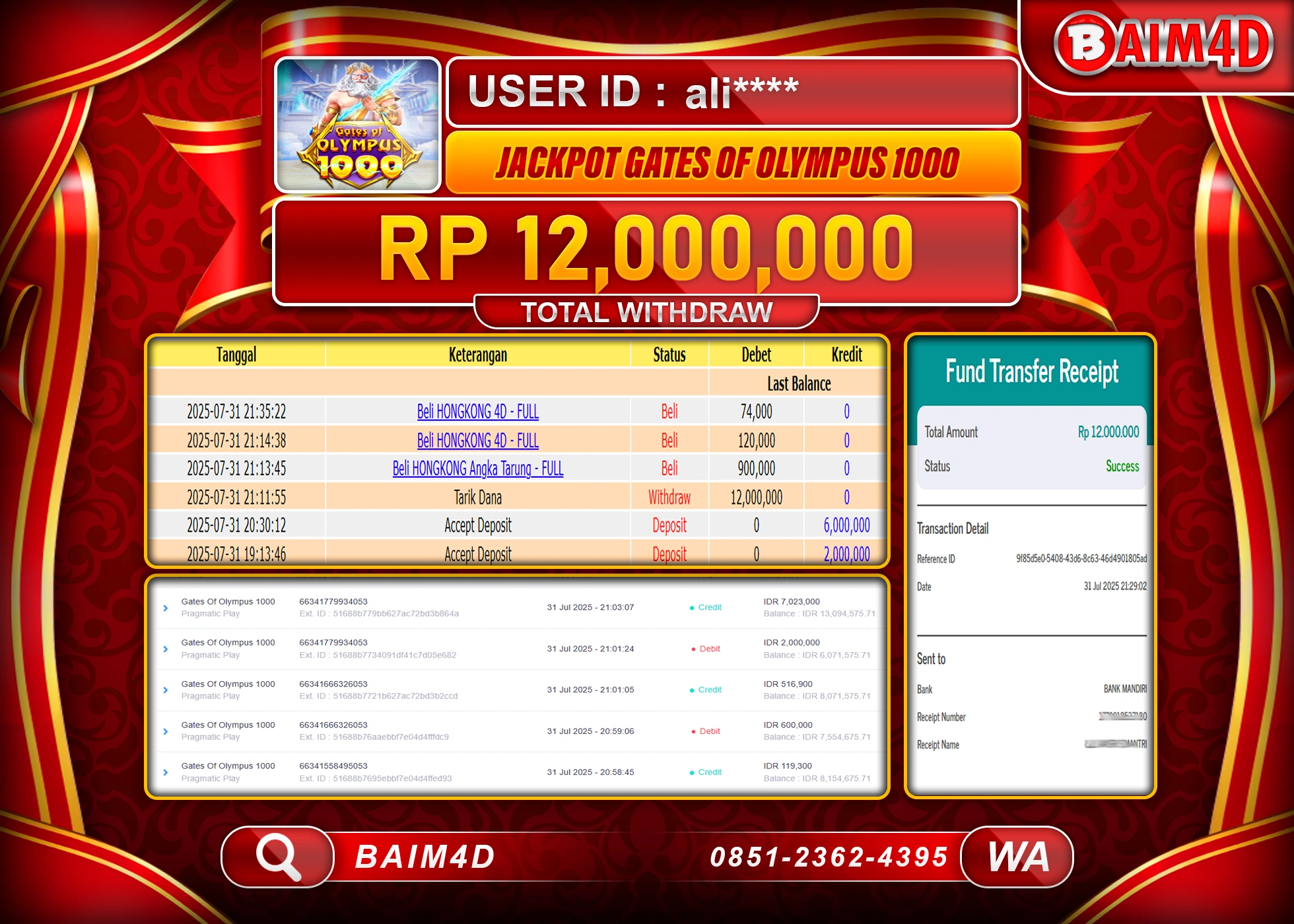 BAIM4D JACKPOT SLOT GATES OF OLYMPUS 1000 Rp.12,000,000.- LUNAS