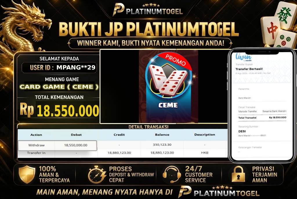 🏆 Bukti Jackpot CEME  Dengan Kemanangan Rp 18,550,000-. Hanya di PLATINUMTOGEL🏆