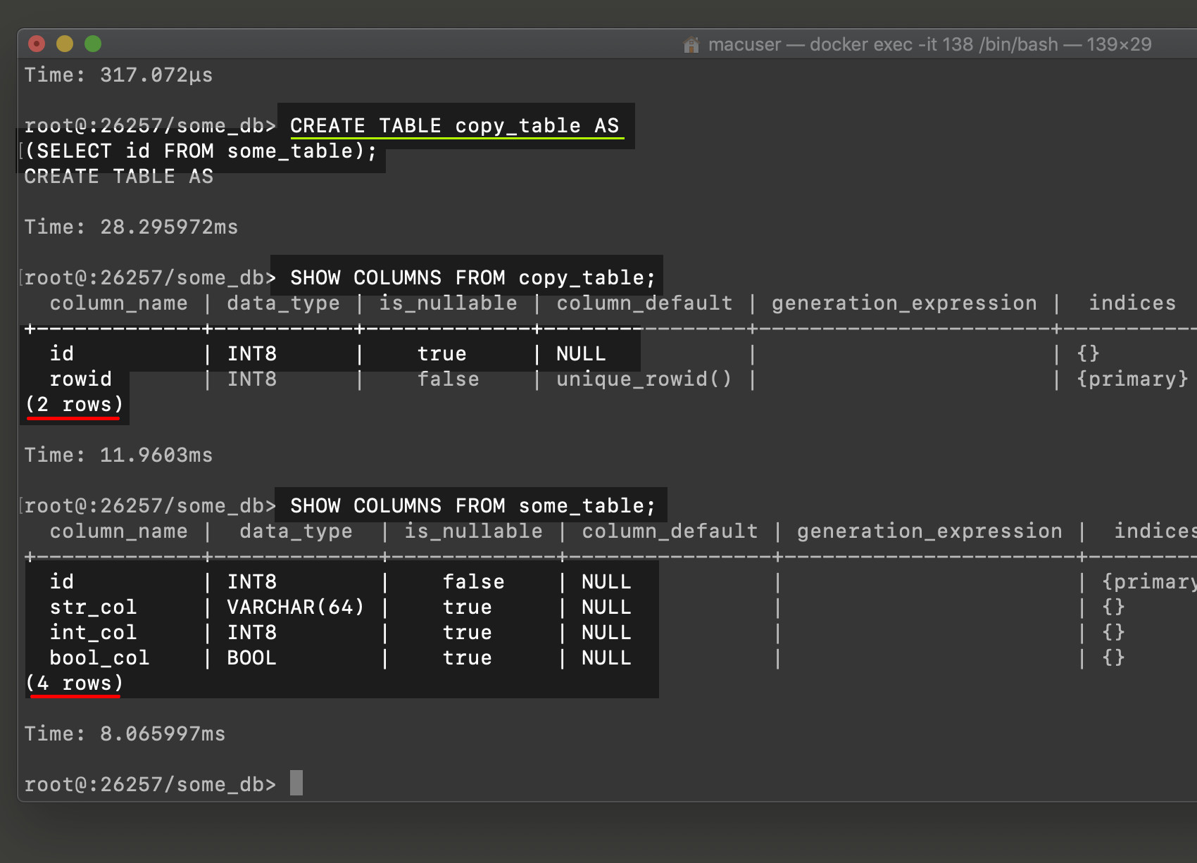 Screenshot of CREATE TABLE CockroachDB AS SQL table and SHOW COLUMNS FROM