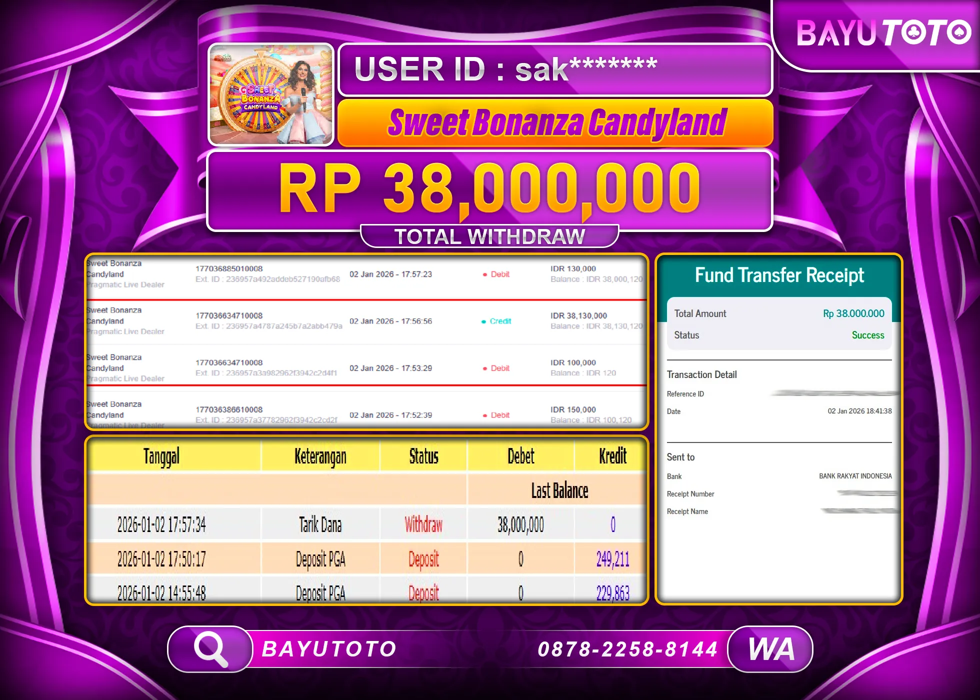SELAMAT MEMBER SETIA BAYUTOTO JACKPOT SWEET BONANZA CANDYLAND Rp. 38,000,000 LUNAS