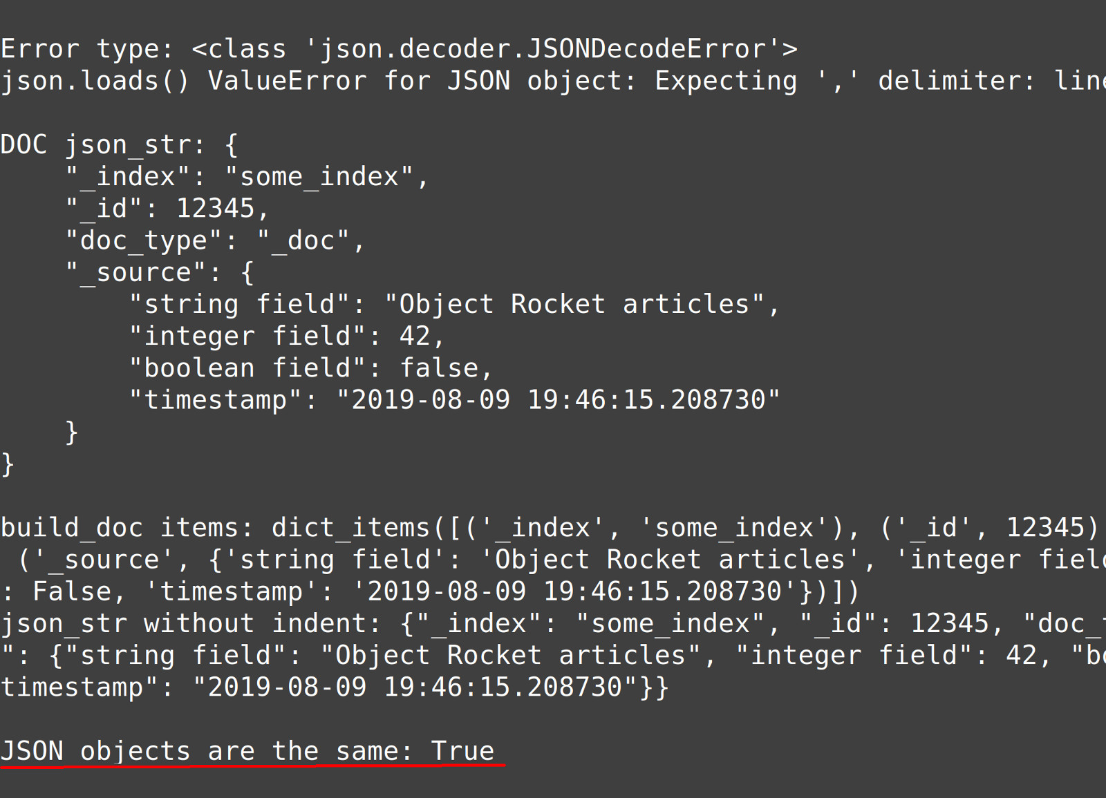 Screenshot comparing two JSON dict objects representing Elasticsearch documents created in Python