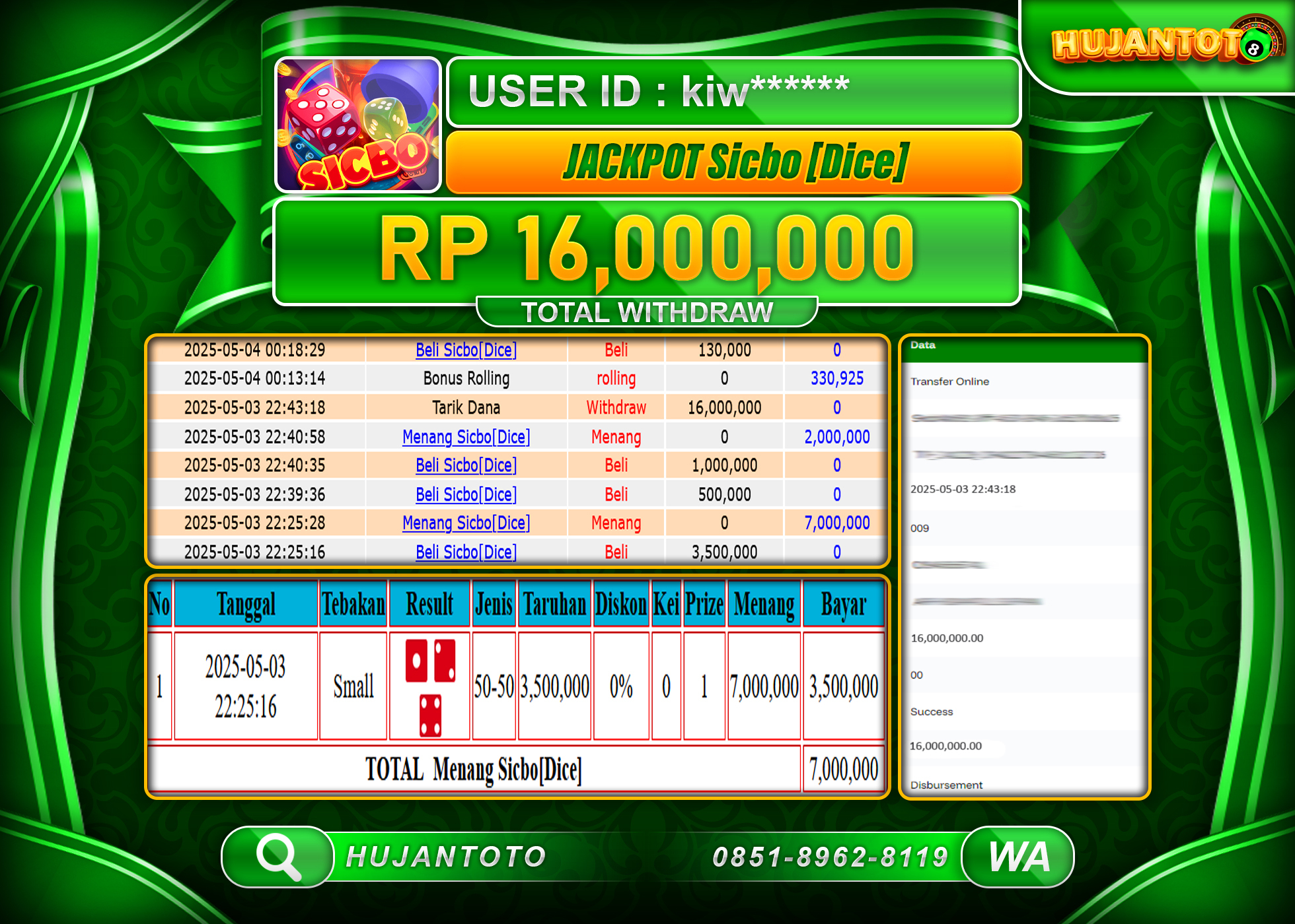 HUJANTOTO - BUKTI JACKPOT MENANG DI LIVE GAMES SICBO DICE GAME  Rp,16,000,000- TERBAYAR LUNAS