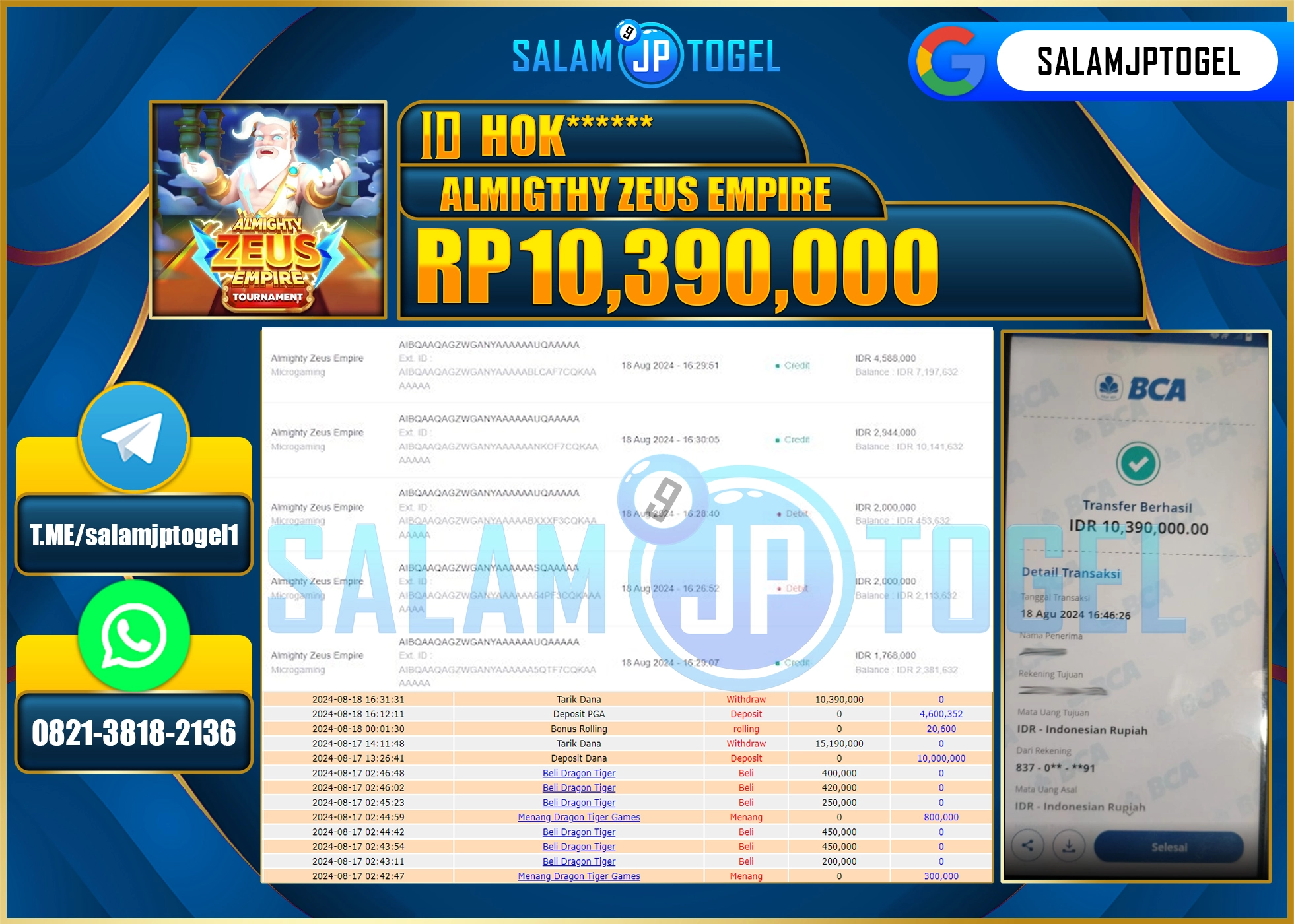 SALAMJPTOGEL MENANG Almighty Zeus Empire RP. 10,390,000.,LUNAS