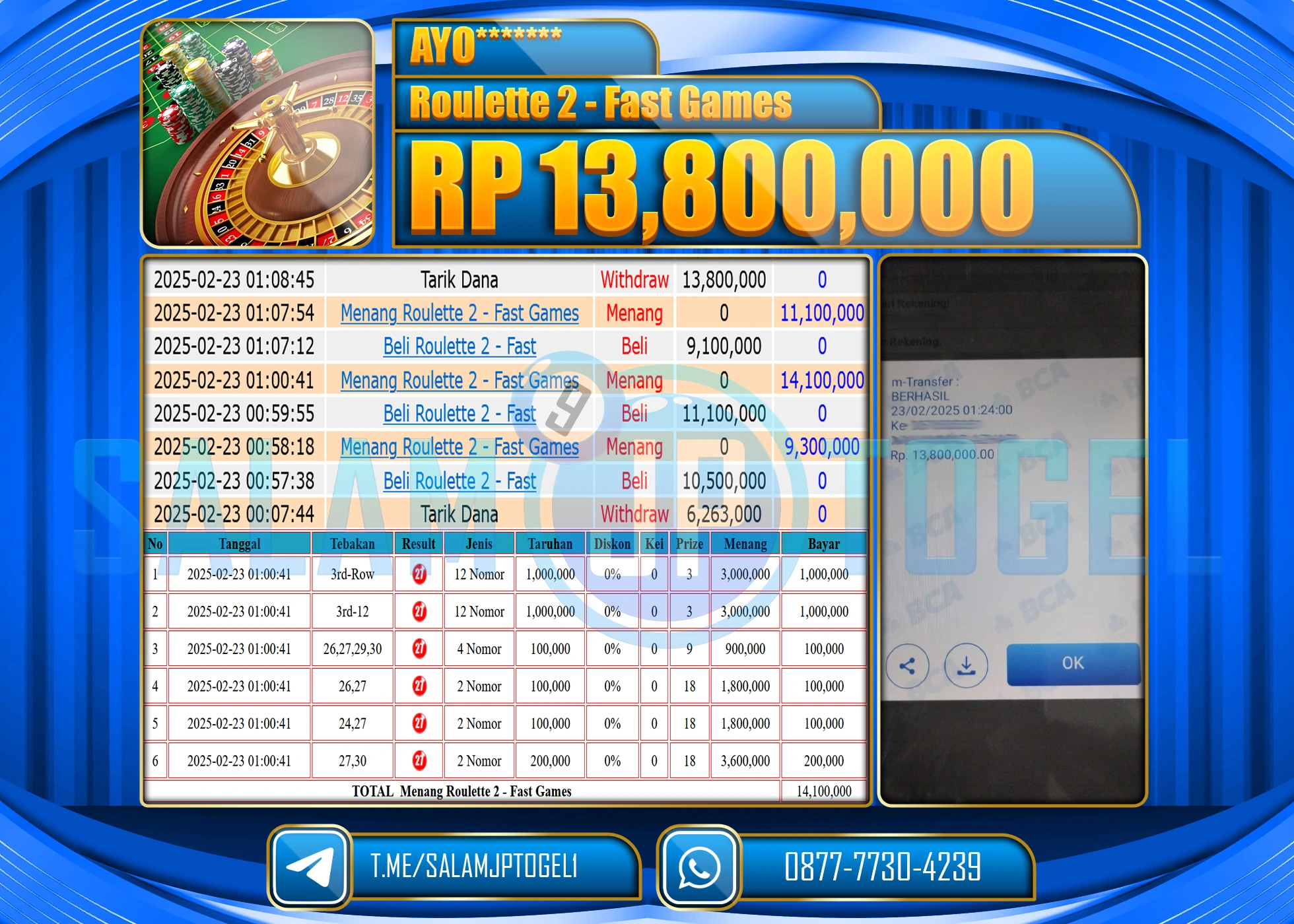 SALAMJPTOGEL MENANG Roulette 2 - fast games Rp. 13,800,000  LUNAS