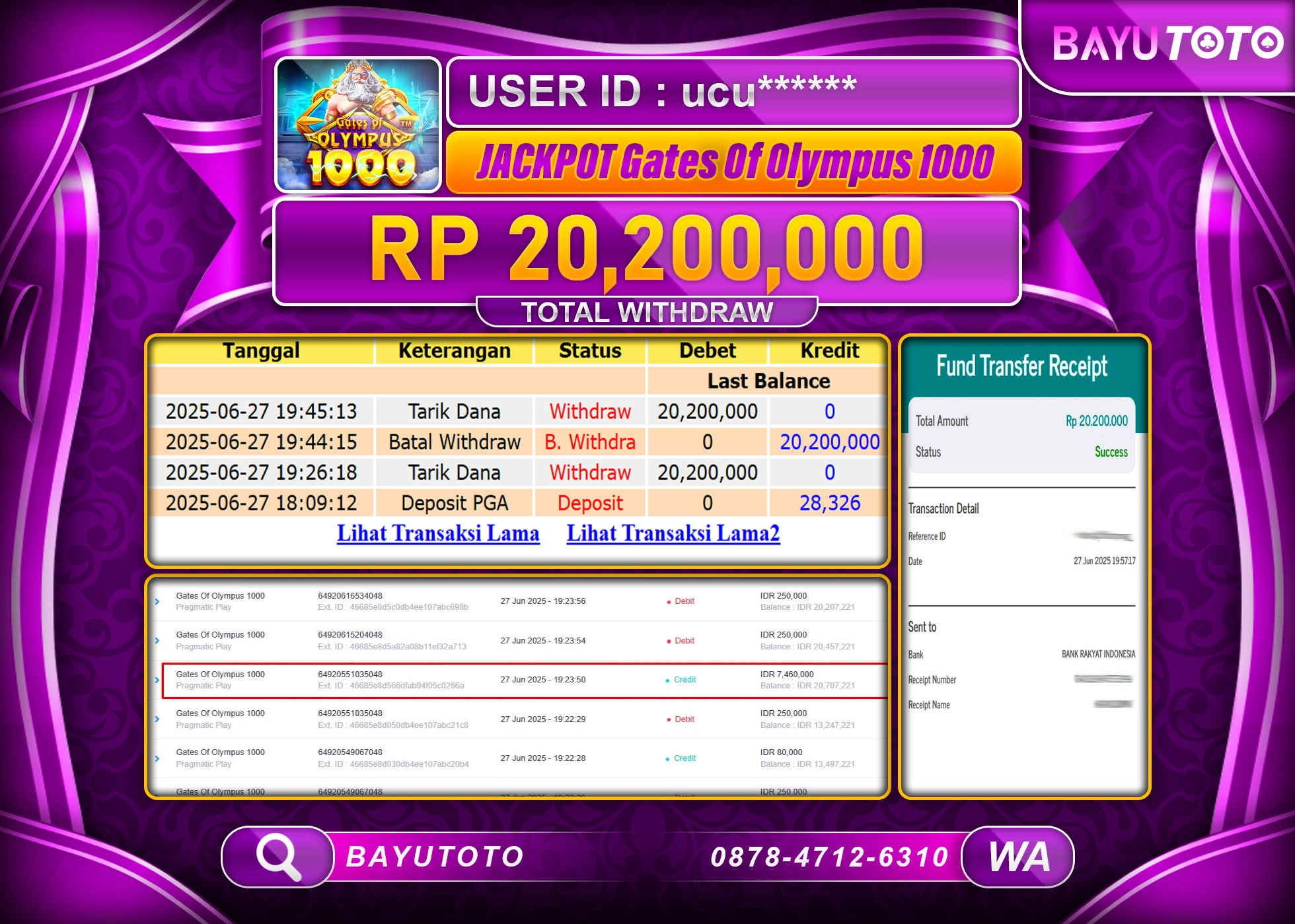 BAYUTOTO JACKPOT DI SLOT Gates Of Olympus 1000 Rp.20,200,000 LUNAS
