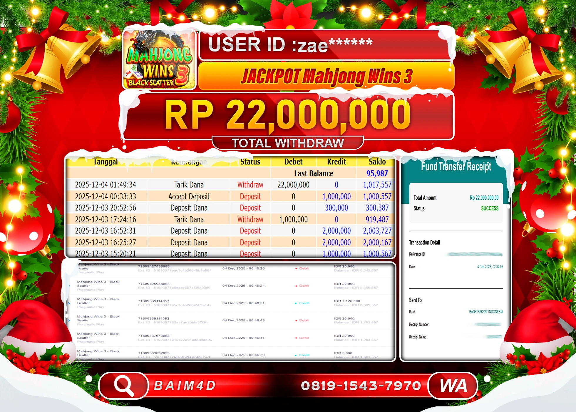 BAIM4D JACKPOT  SLOT MAHYONG WINS 3 Rp.22,000,000 - LUNAS