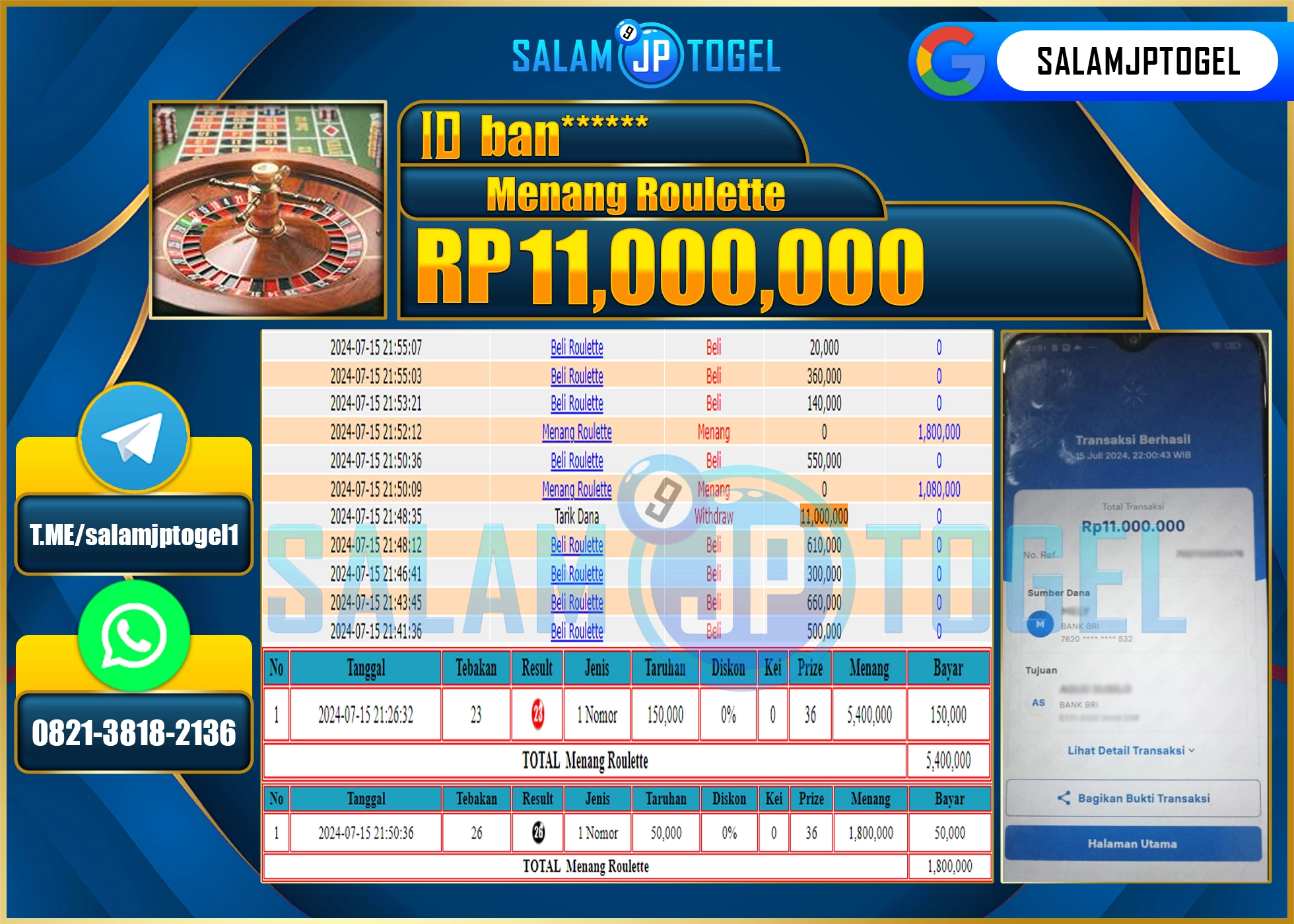 SALAMJPTOGEL MENANG Games ROULLETTE 2 RP. 11,000,000.,LUNAS