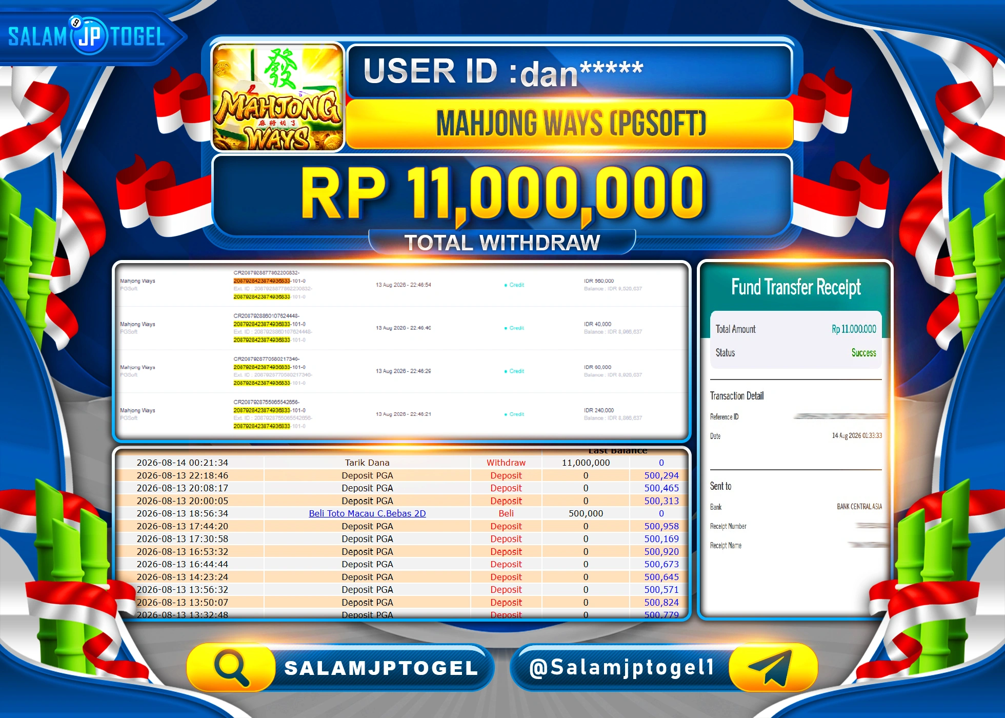 SALAMJPTOGEL JACKPOT MENANG SLOT MAHJONG WAYS  PGSOFT Rp.11,000,000 - LUNAS