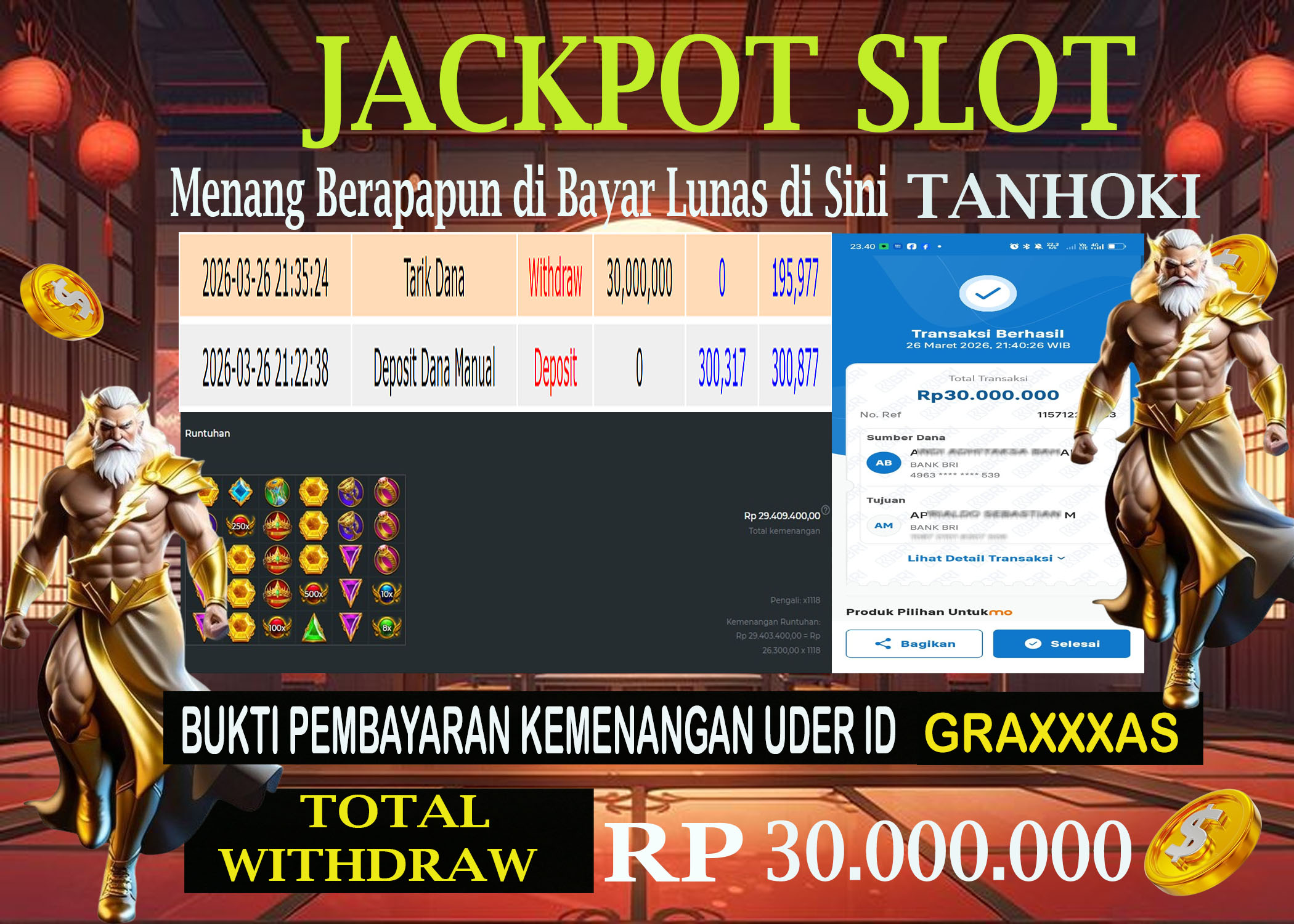 TANHOKI JACKPOT SLOT GATES OF OLYMPUS 1000 Rp.30.000.000,- LUNAS
