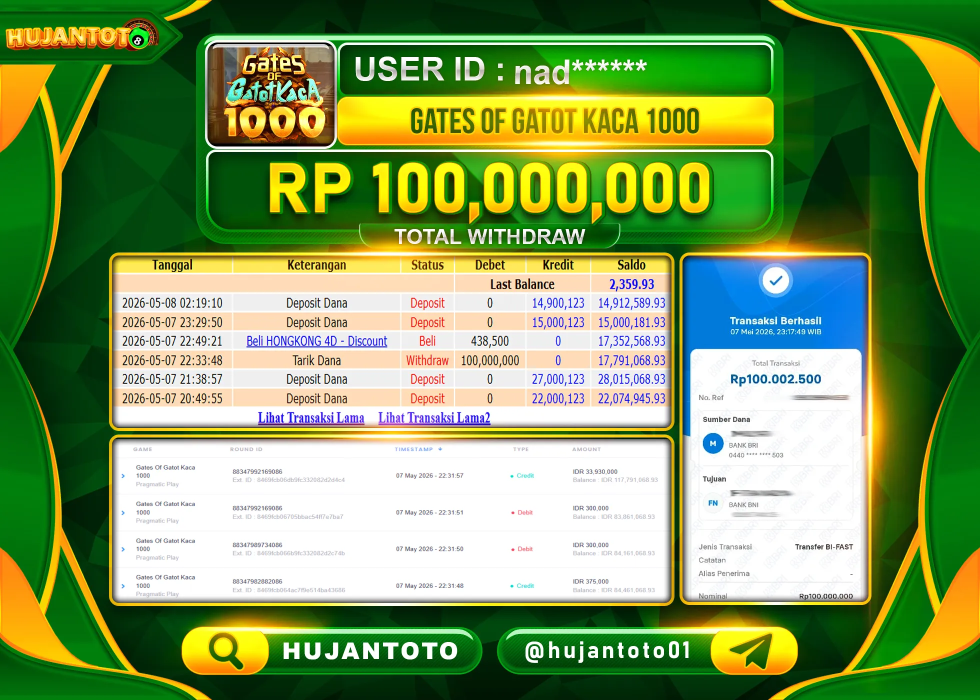 HUJANTOTO - BUKTI JACKPOT MENANG SLOT GATES OF GATOT KACA 1000 Rp.100,000,000 - TERBAYAR LUNAS