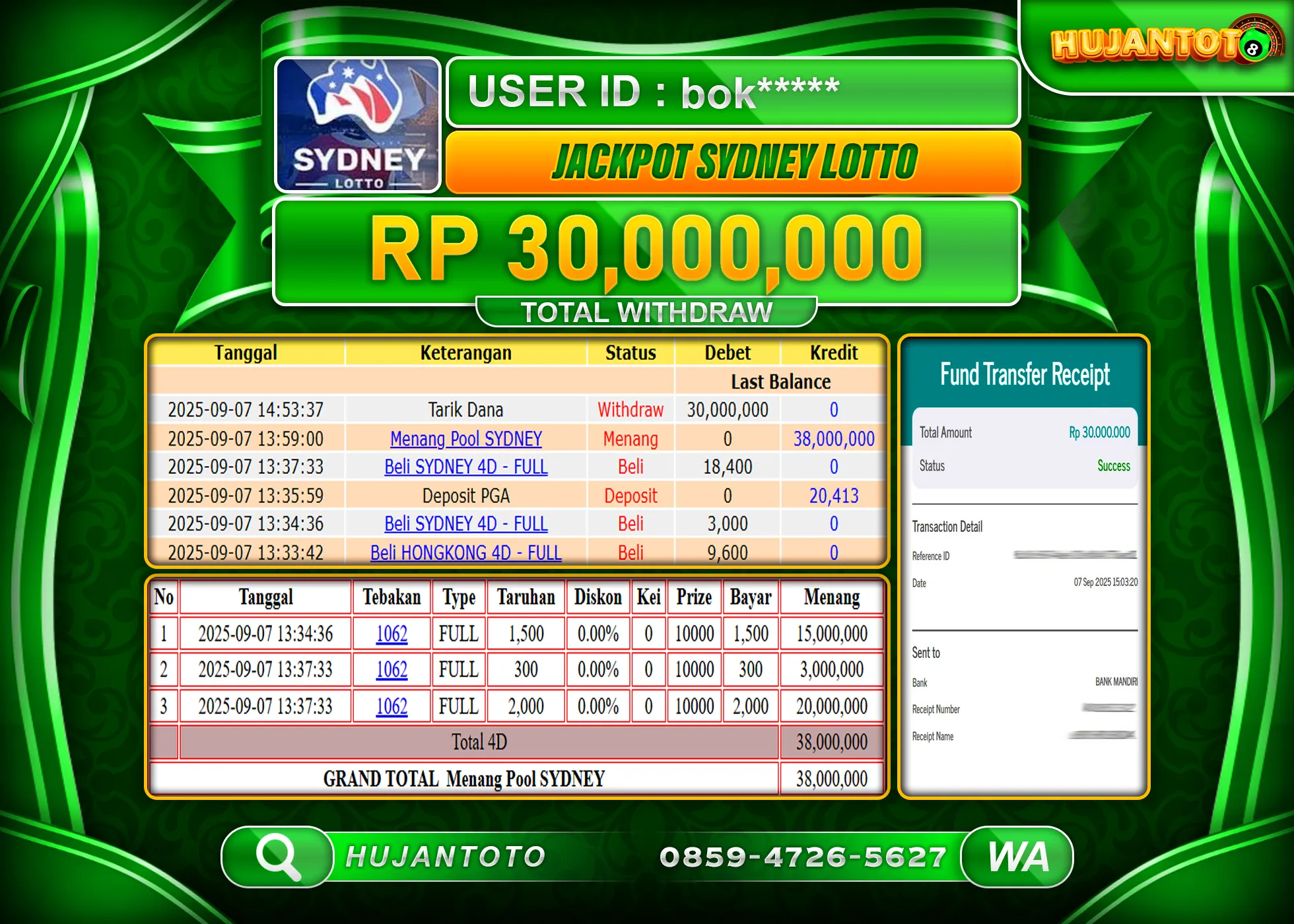 HUJANTOTO - BUKTI JACKPOT MENANG TOGEL SYDNEY LOTTO Rp.30,000,000 - TERBAYAR LUNAS
