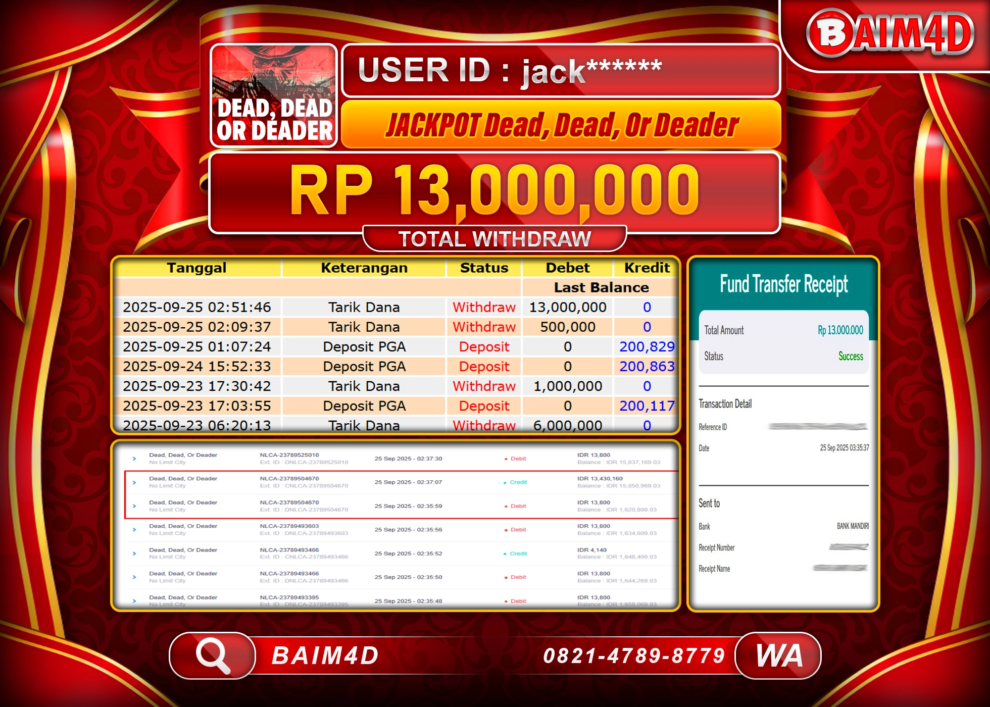 BAIM4D JACKPOT SLOT DEAD,DEAD OR DEADER NLC Rp.13,000,000.- LUNAS