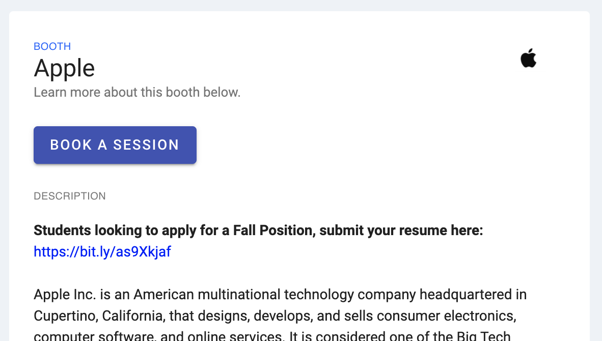 A sample booth with a link for students to submit their resume.