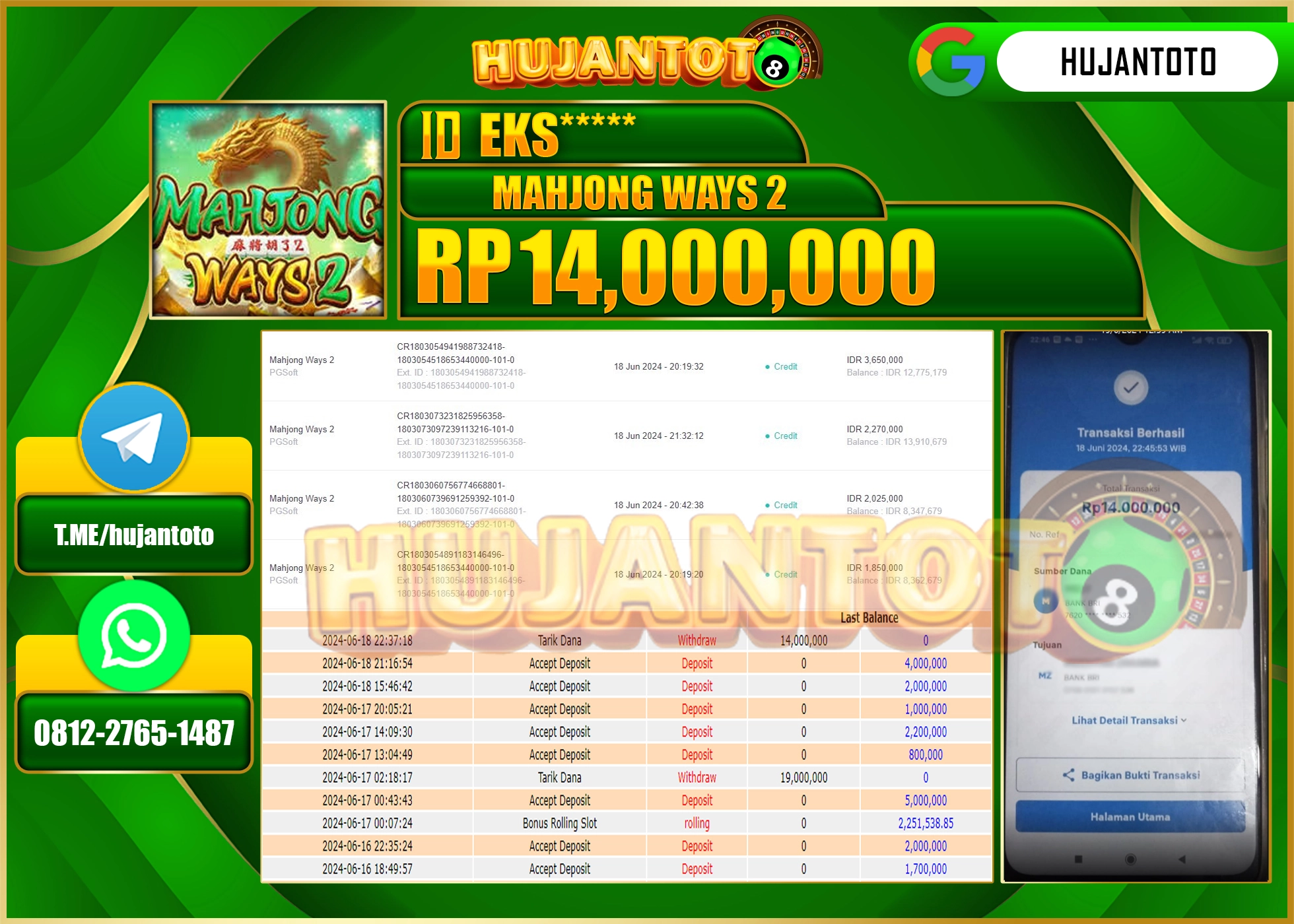 HUJANTOTO MENANG DI MAHJONG WAYS 2 14.000.000 - LUNAS 