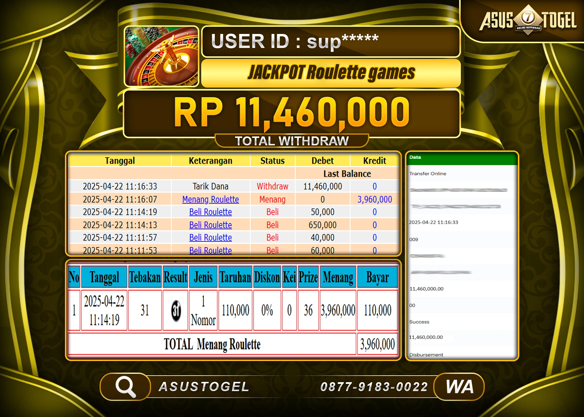 ASUSTOGEL KEMENANGAN DI ROULETTE GAMES  SEBESAR 11,460,000- RUPIAH LUNAS
