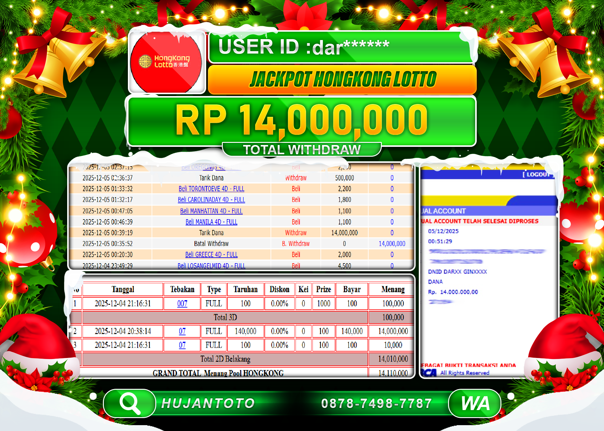 HUJANTOTO - BUKTI JACKPOT MENANG TOGEL HONGKONG LOTTO Rp.14,000,000 - TERBAYAR LUNAS