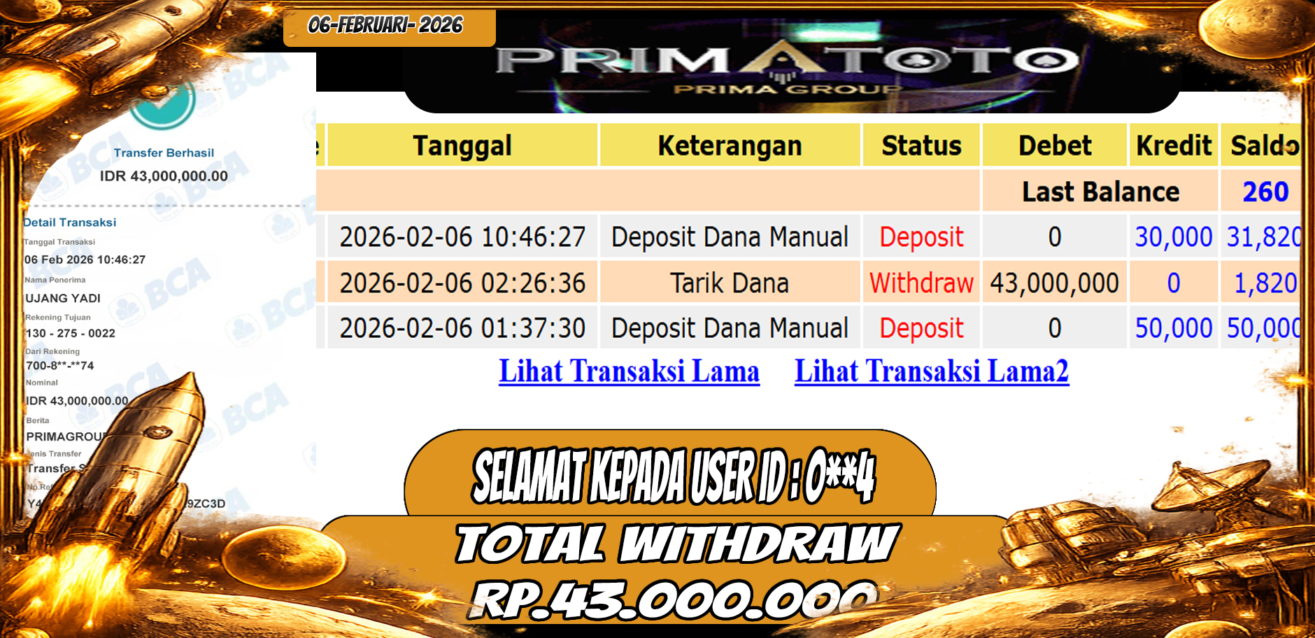 PRIMATOTO-JACKPOT SLOT GAME MAHJONG WAYS WIN HINGGA 43 JUTA, 06 FEBRUARI 2026