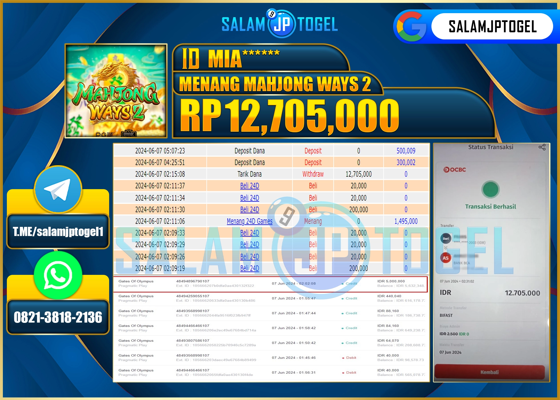 SALAMJPTOGEL MENANG Mahjong Ways 2 RP. 12,705,000.,LUNAS