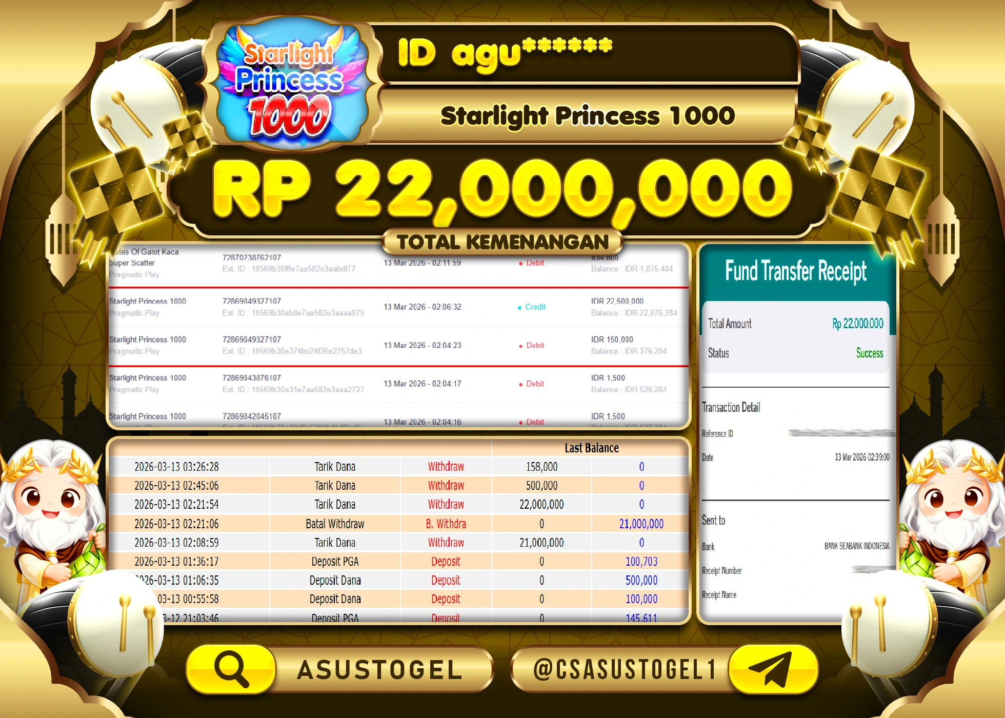 ASUSTOGEL KEMENANGAN DI SLOT STARLIGHT PRINCESS 1000 22,000,000 - RUPIAH LUNAS