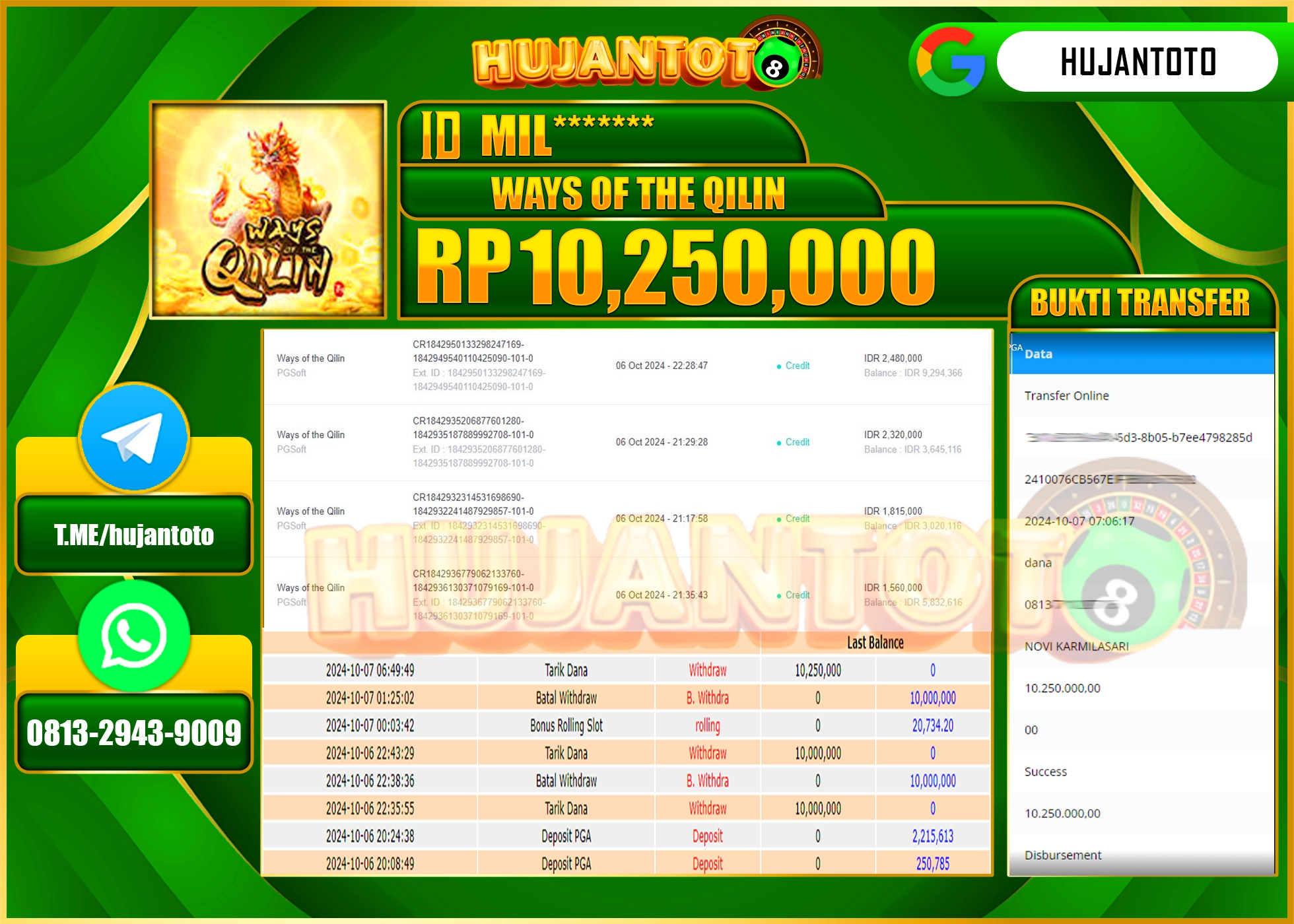 HUJANTOTO MENANG DI WAYS OF THE QILIN 10,250,000 - LUNAS 