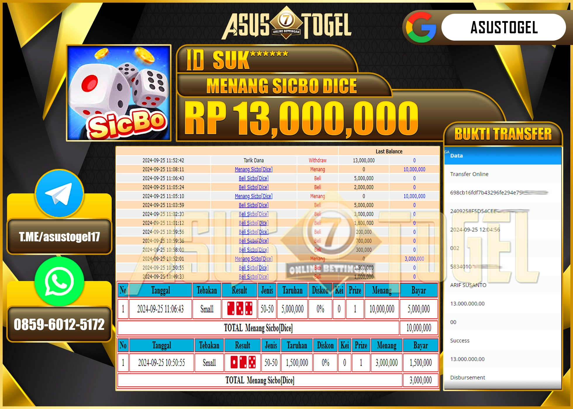 ASUSTOGEL KEMENANGAN DI LIVE GAME SICBO GAMES SEBESAR 13,000,000- RUPIAH LUNAS