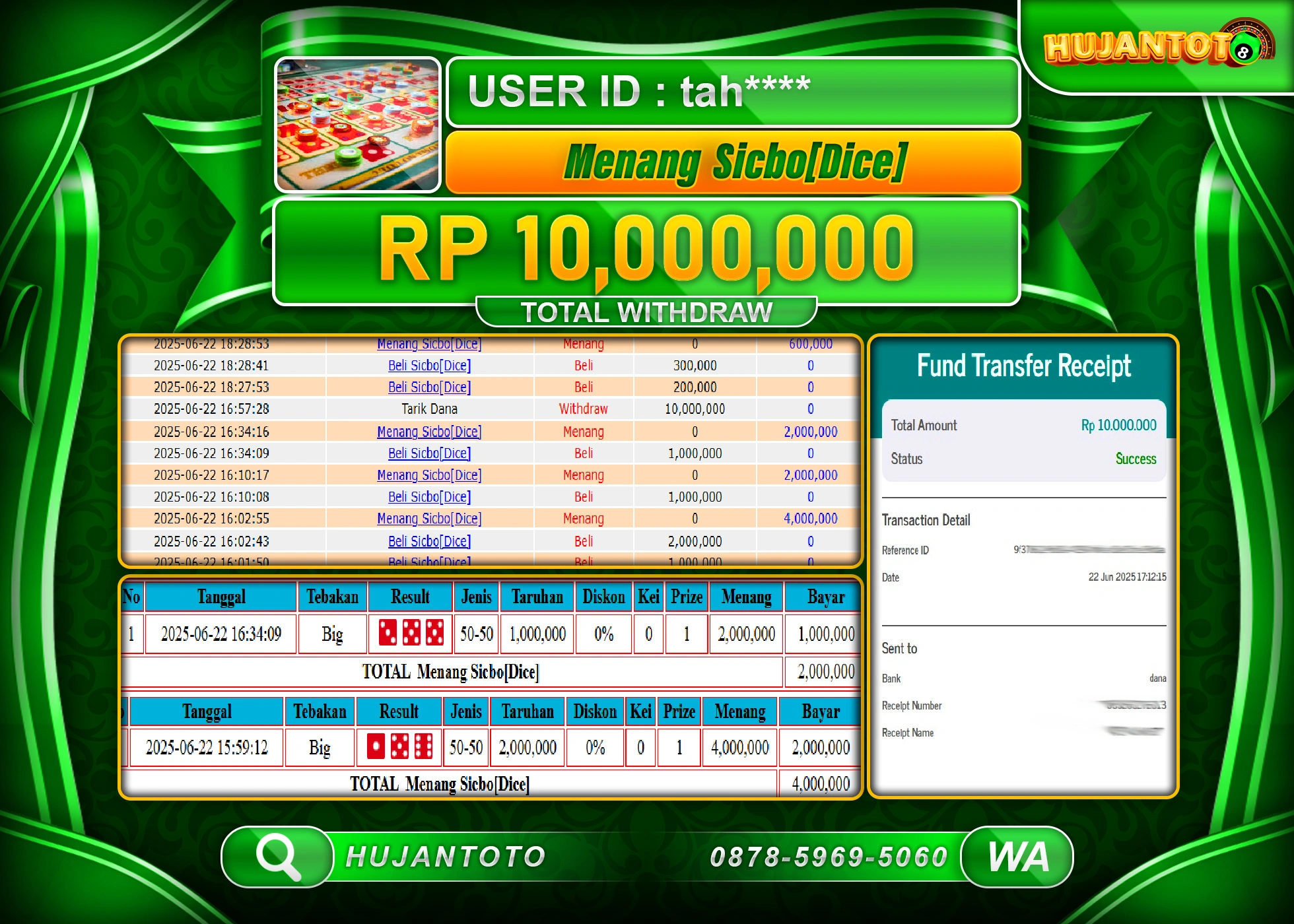 HUJANTOTO - BUKTI JACKPOT MENANG LIVE GAME SICBO DICE GAMES Rp.10,000,000 - TERBAYAR LUNAS