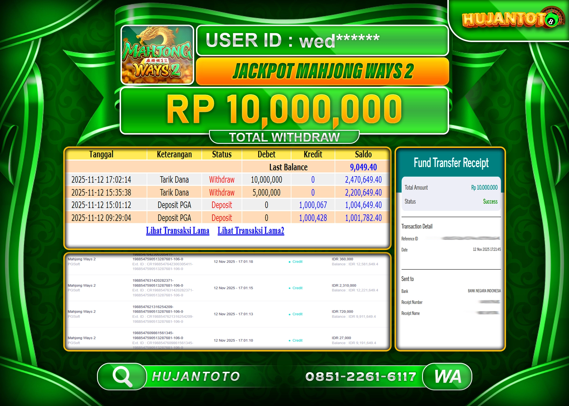 HUJANTOTO - BUKTI JACKPOT MENANG SLOT MAHJONG WAYS 2 Rp.10,000,000 - TERBAYAR LUNAS