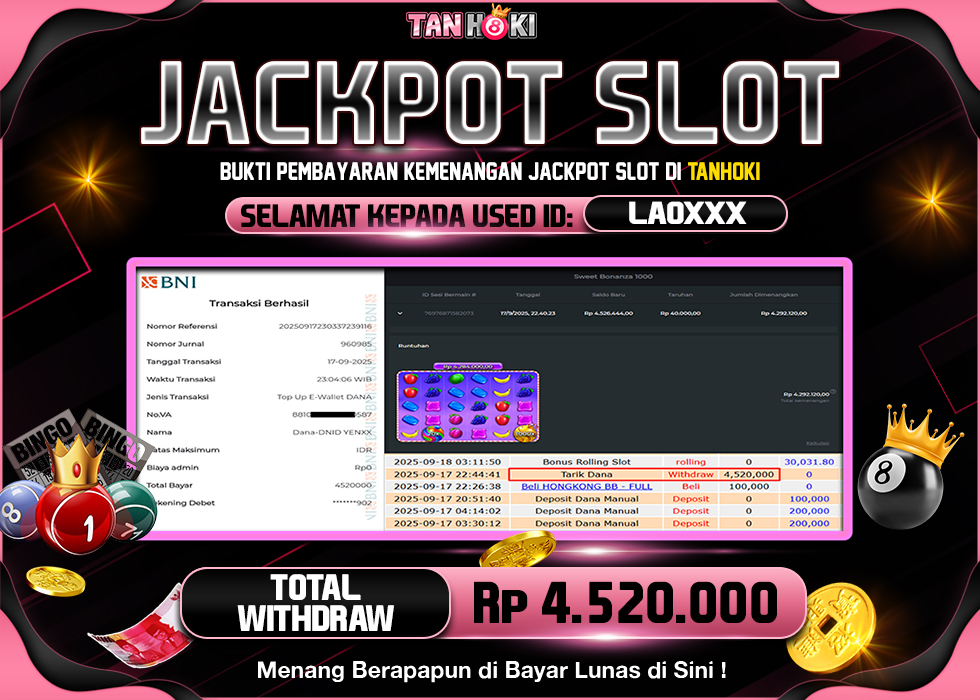 TANHOKI JACKPOT SLOT SWEET BONANZA 1000 Rp.4.520.000,- LUNAS