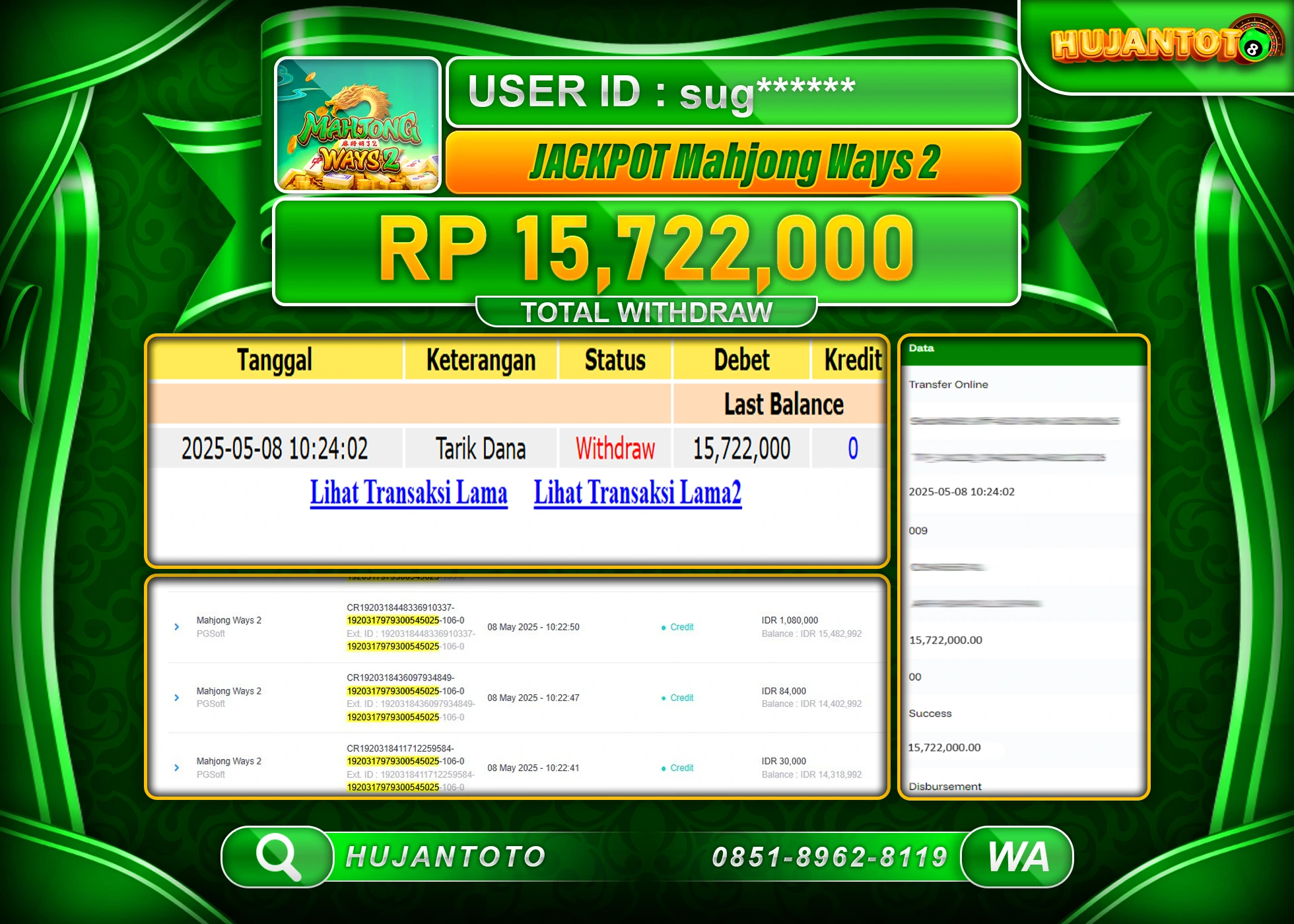 HUJANTOTO - BUKTI JACKPOT MENANG SLOT MAHJONG WAYS 2 Rp,15,722,000 - TERBAYAR LUNAS