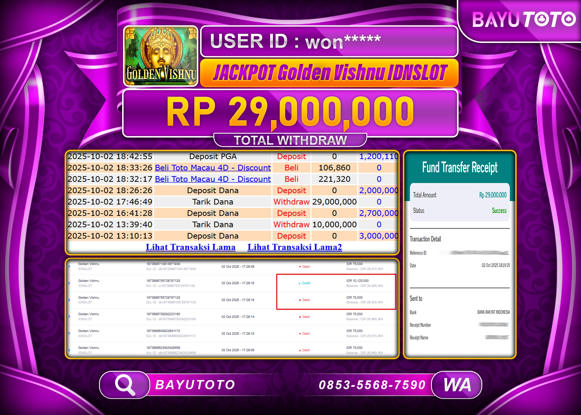 MEMBER BAYUTOTO JACKPOT DI GAME SLOT GOLDEN VISHNU Rp.29.000.000 LUNAS