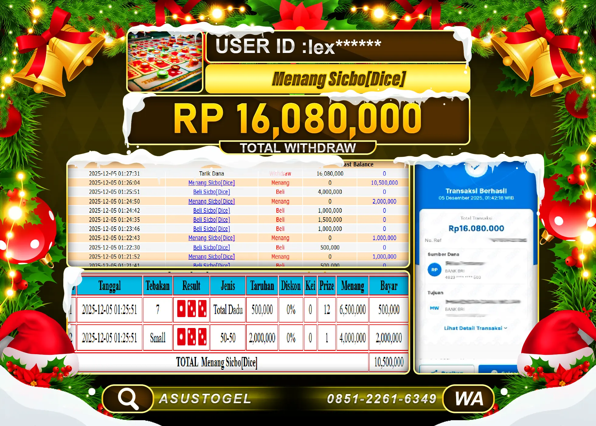 ASUSTOGEL KEMENANGAN DI LIVEGAME SICBO DICE 4D SEBESAR 16,080,000 - RUPIAH LUNAS