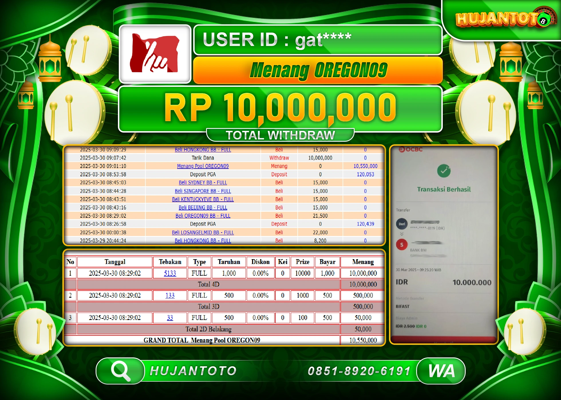 HUJANTOTO - BUKTI JACKPOT MENANG BESAR TOGEL OREGON 09 Rp,10,000,000 - TERBAYAR LUNAS