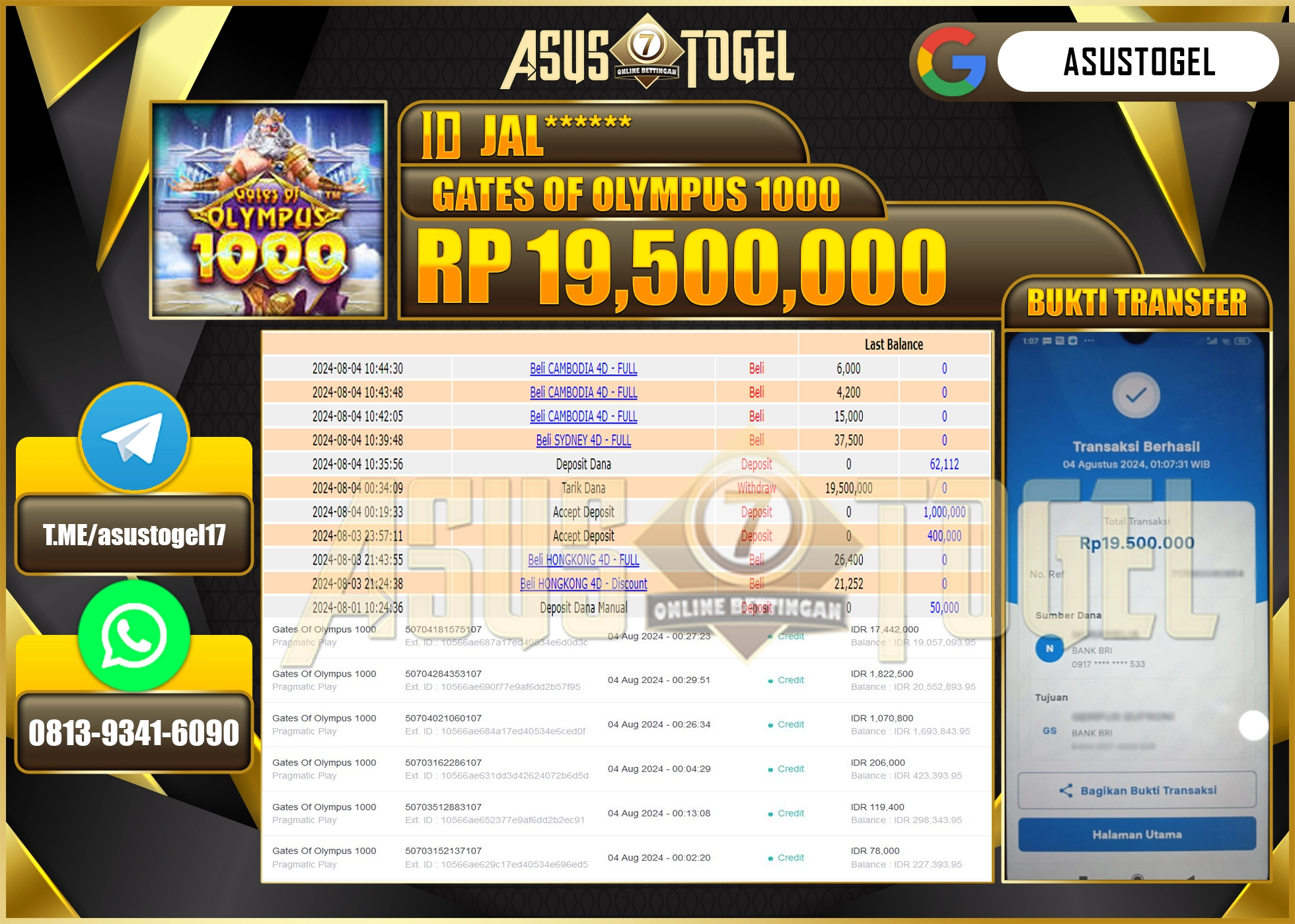 ASUSTOGEL KEMENANGAN DI GATES OF OLYMPUS 1000 SEBESAR 19,500,000- RUPIAH LUNAS