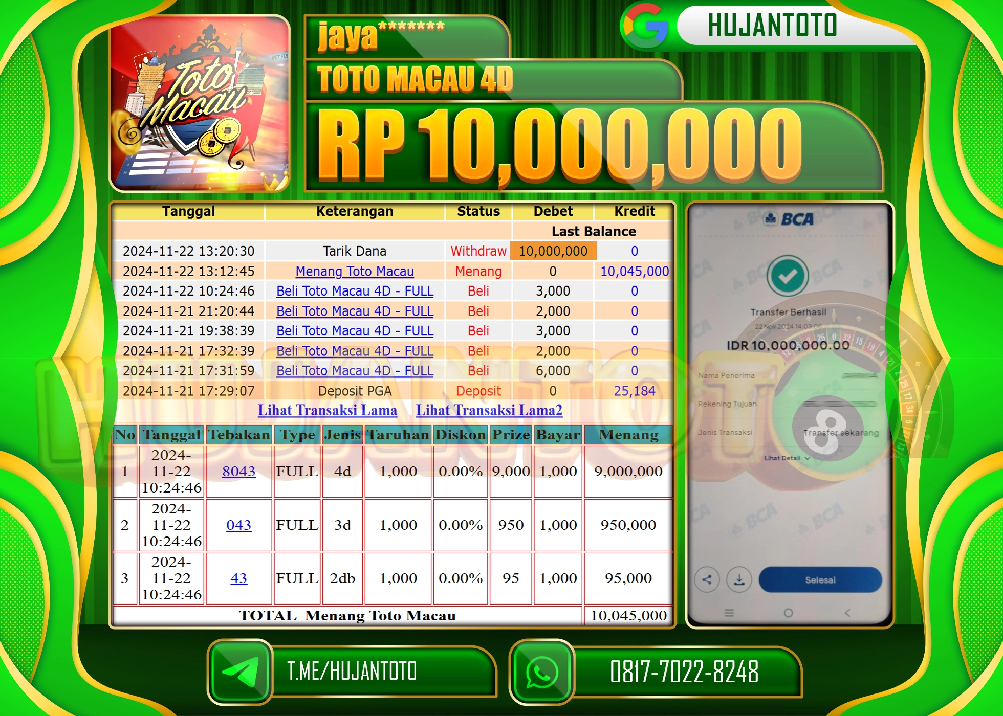 HUJANTOTO KEMENANGAN BESAR DI TOGEL TOTO MACAU 4D SEBESAR  - 10,000,000 - LUNAS