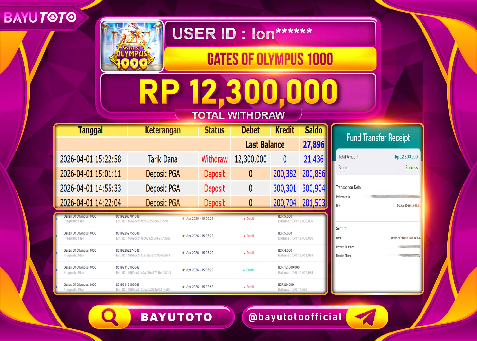 SELAMAT MEMBER SETIA BAYUTOTO JACKPOT DI SLOT GATES OF OLYMPUS 1000 Rp. 12,300,000 LUNAS