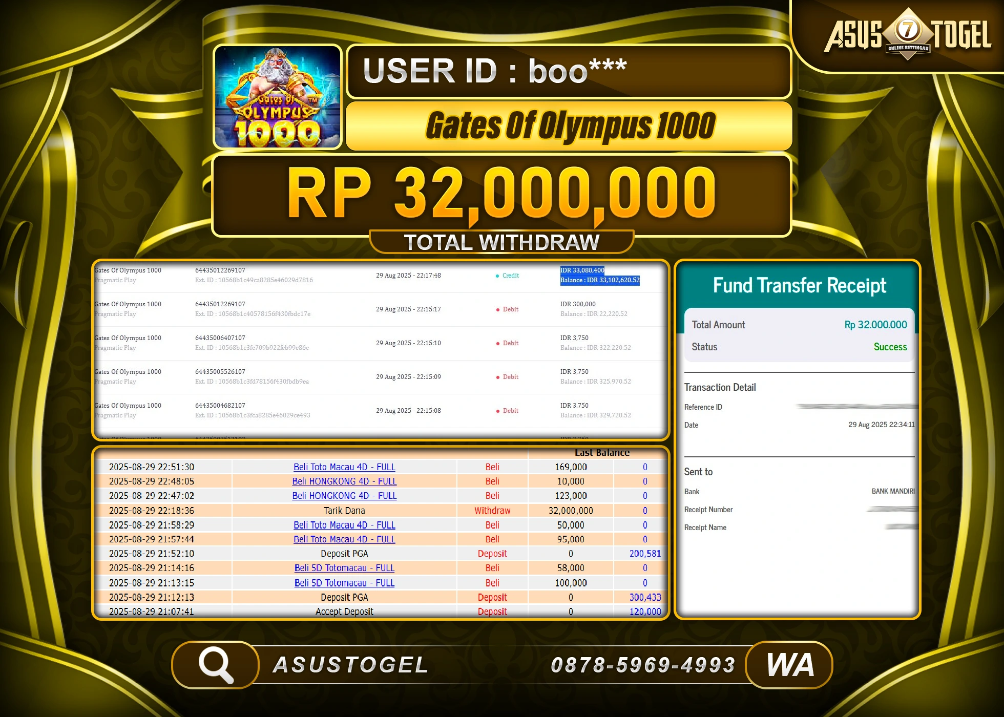 ASUSTOGEL KEMENANGAN DI SLOT GATES OF OLYMPUS 1000 SEBESAR 32,000,000- RUPIAH LUNAS