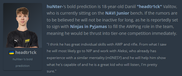 HuNter praises Headtr1ck the new NiP CS:GO player