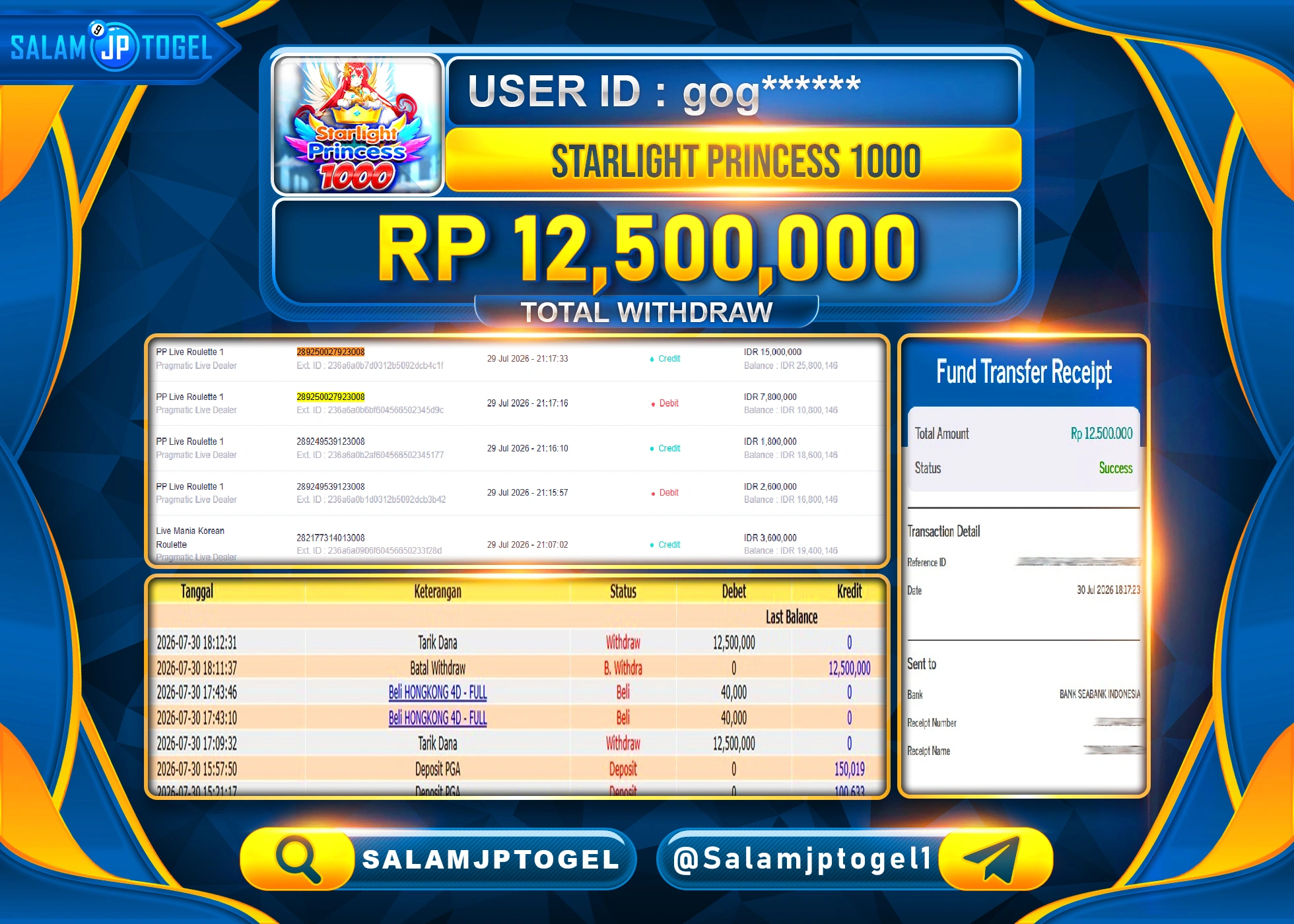 SALAMJPTOGEL JACKPOT MENANG SLOT STARLIGHT PRINCESS 1000 Rp.12,500,000 - LUNAS