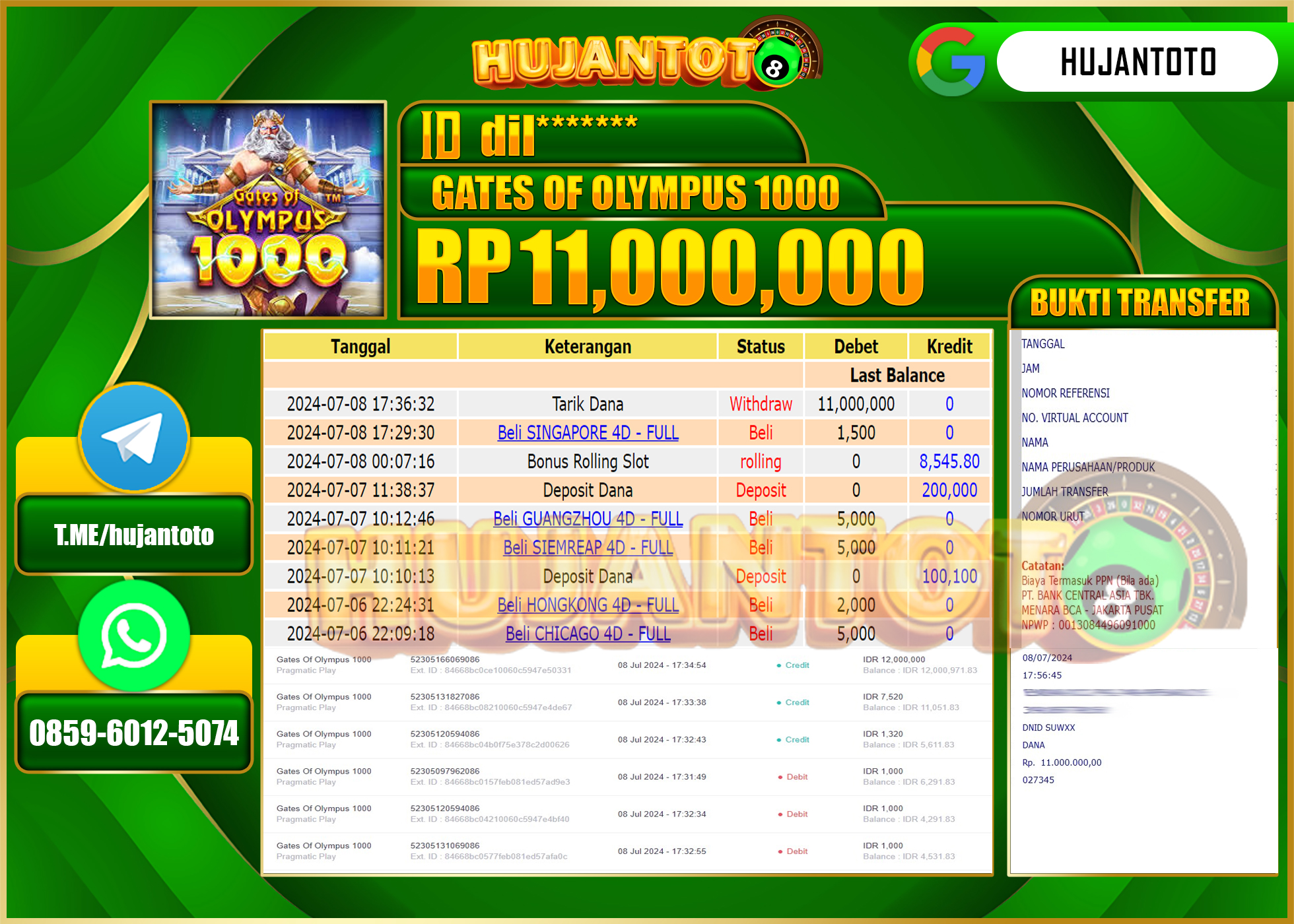 HUJANTOTO MENANG SLOT GATES OF OLYMPUS 1000, 11,000,000 - LUNAS 