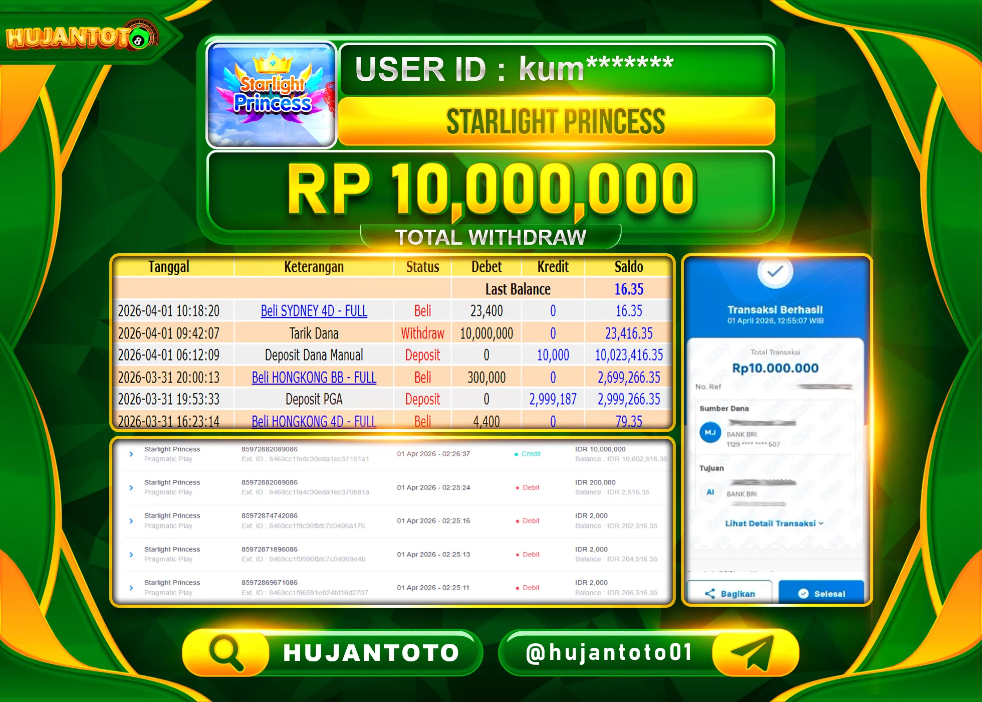 HUJANTOTO - BUKTI JACKPOT MENANG SLOT STARLIGHT PRINCESS Rp.10,000,000 - TERBAYAR LUNAS