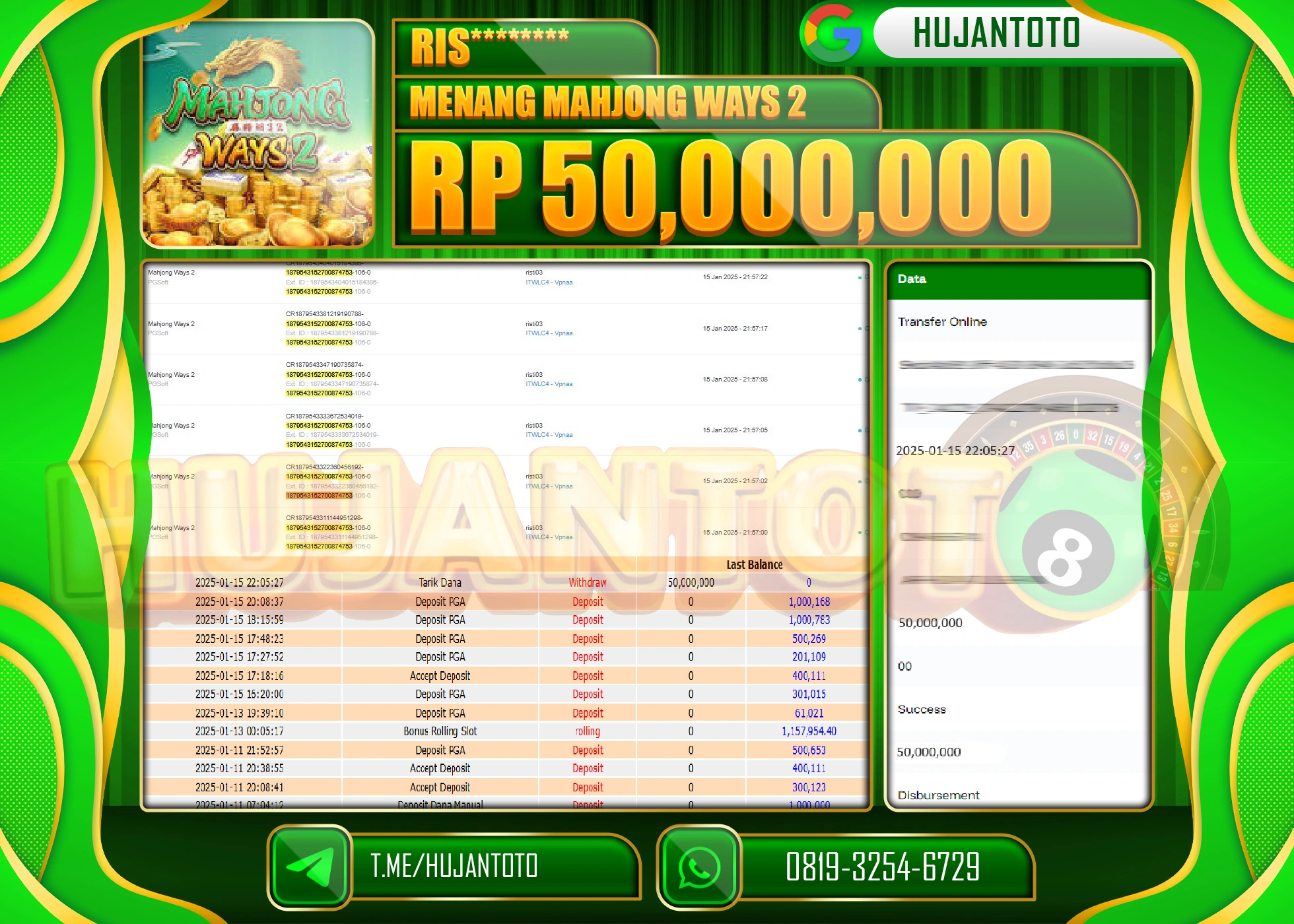 HUJANTOTO - BUKTI JACKPOT DI PERMAINAN SLOT MENANG MAHJONG WAYS 2 Rp. 50,000,000 - TERBAYAR LUNAS