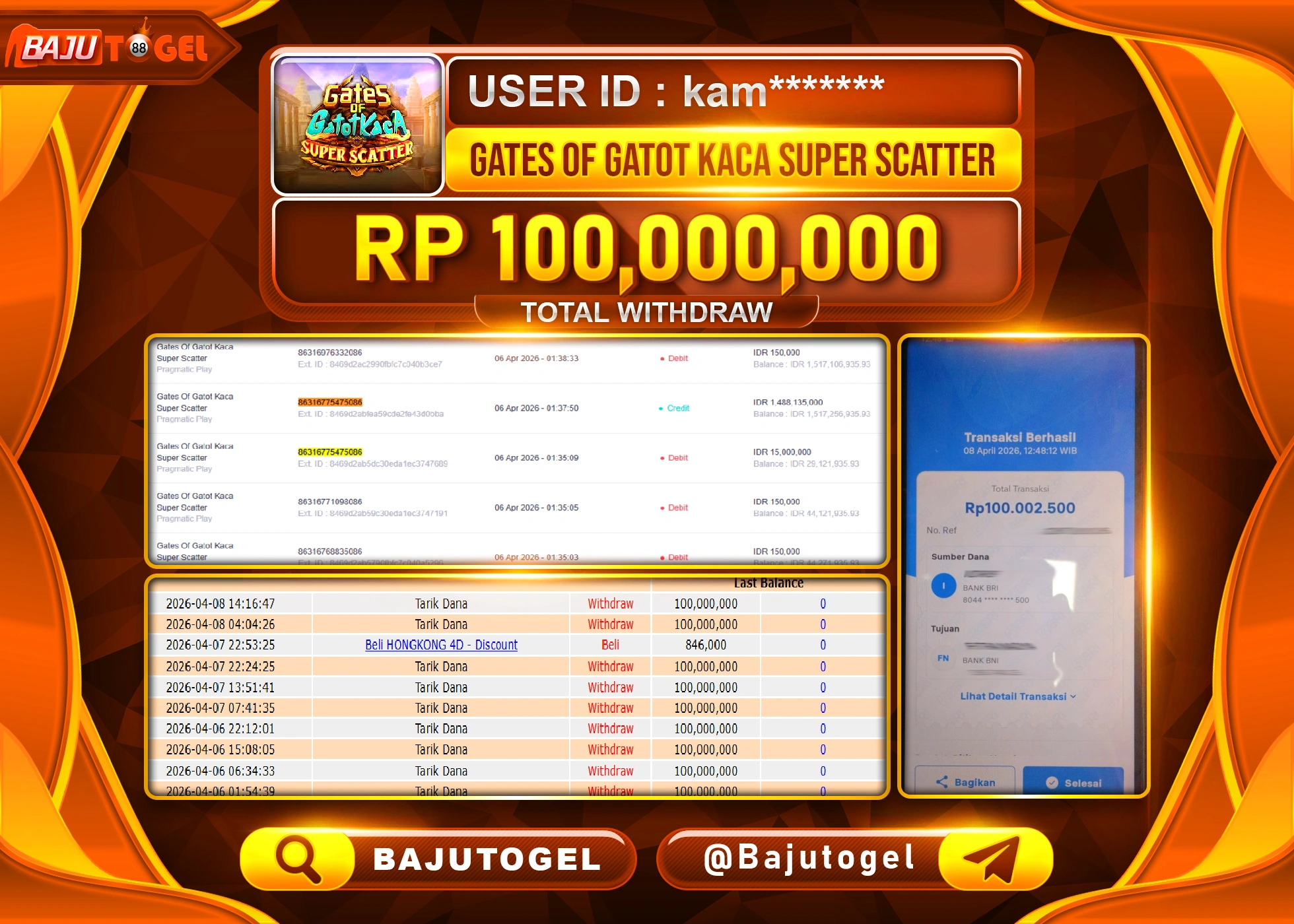 BAJUTOGEL KEMENANGAN DI SLOT  GATES OF GATOT KACA  Rp.100,000,000 LUNAS