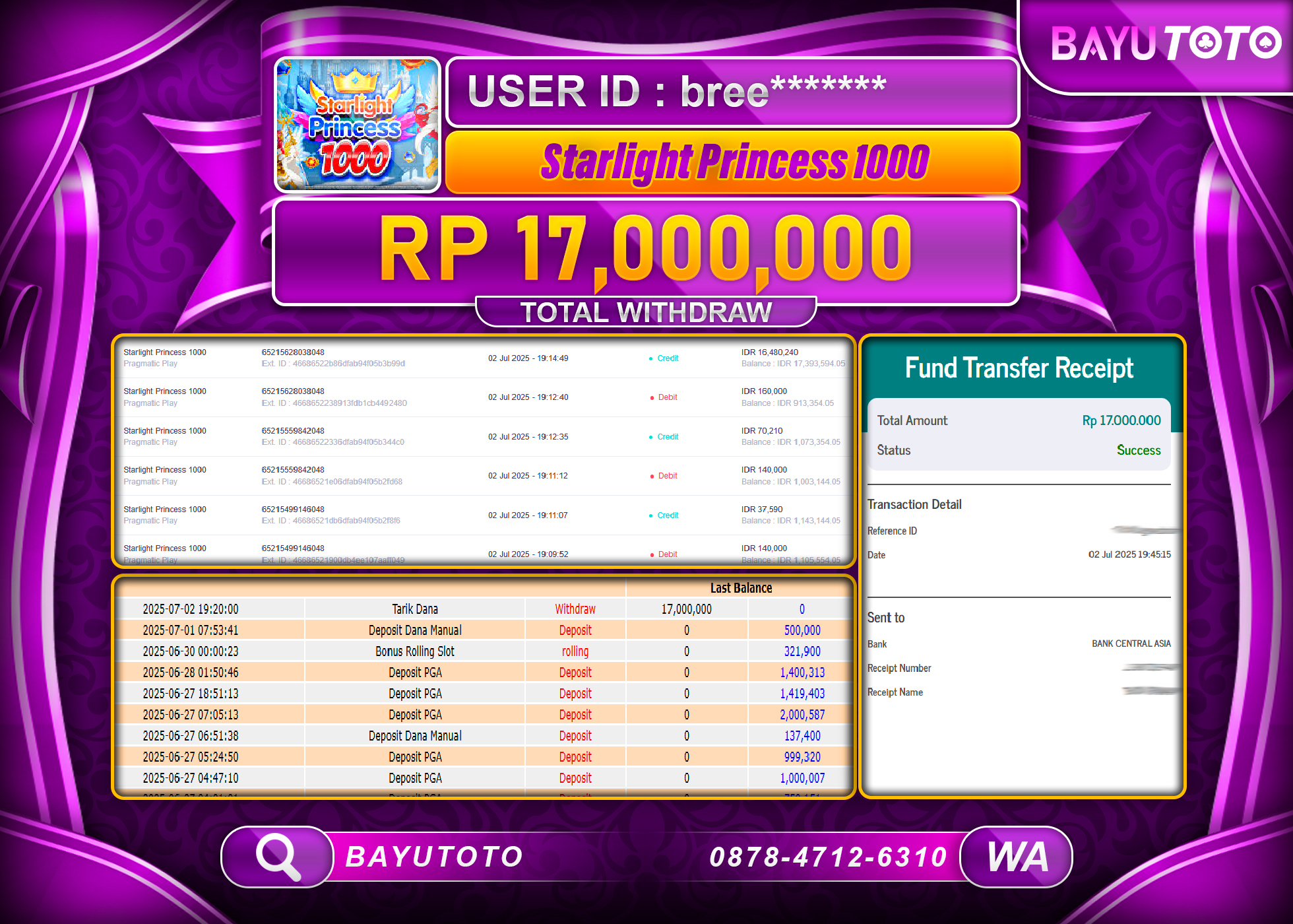 BAYUTOTO JACKPOT DI SLOT STARLIGHT PRINCESS 1000 Rp.17,000,000 LUNAS